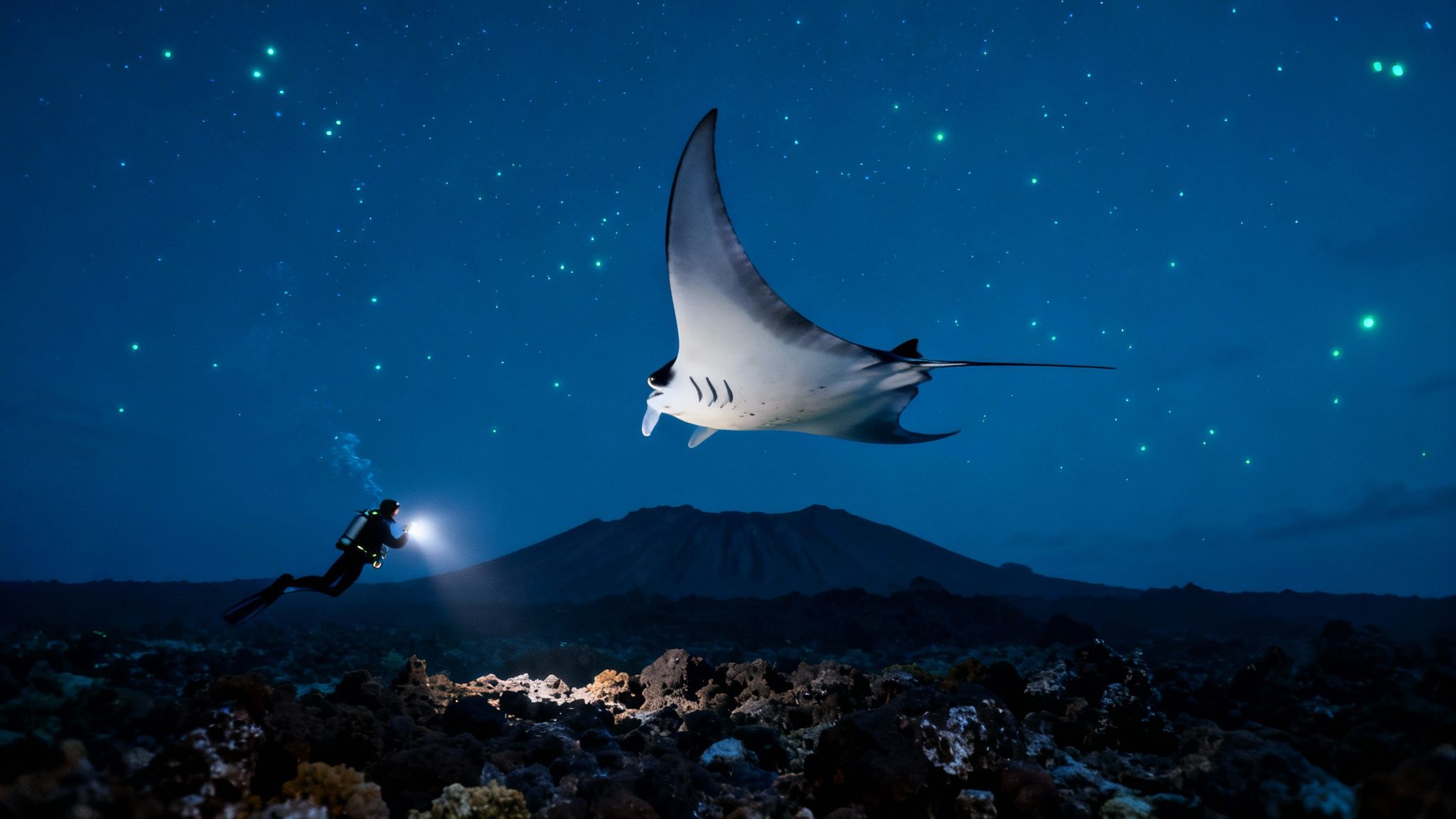 Scuba diver with a flashlight encountering a large manta ray beneath a starry night sky and volcano.