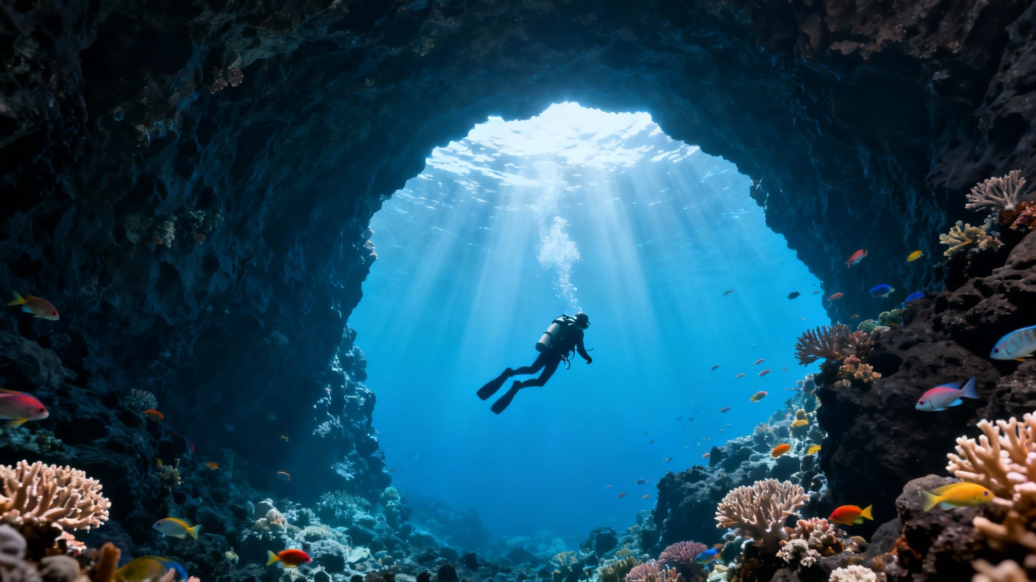 A diver explores an illuminated underwater cave, surrounded by colorful coral reefs and schooling fish.