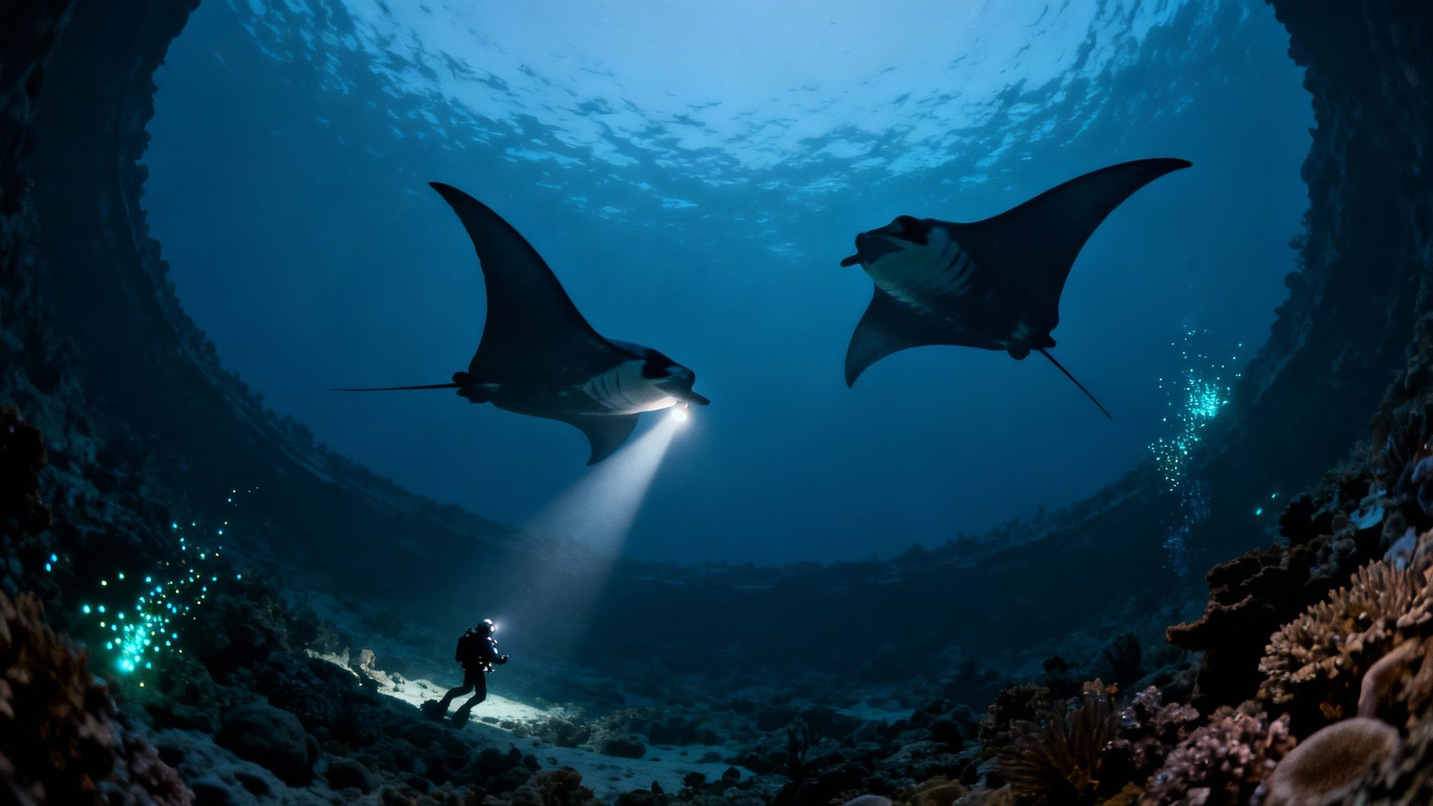 A group of scuba divers observing giant manta rays feeding at night, illuminated by dive lights.