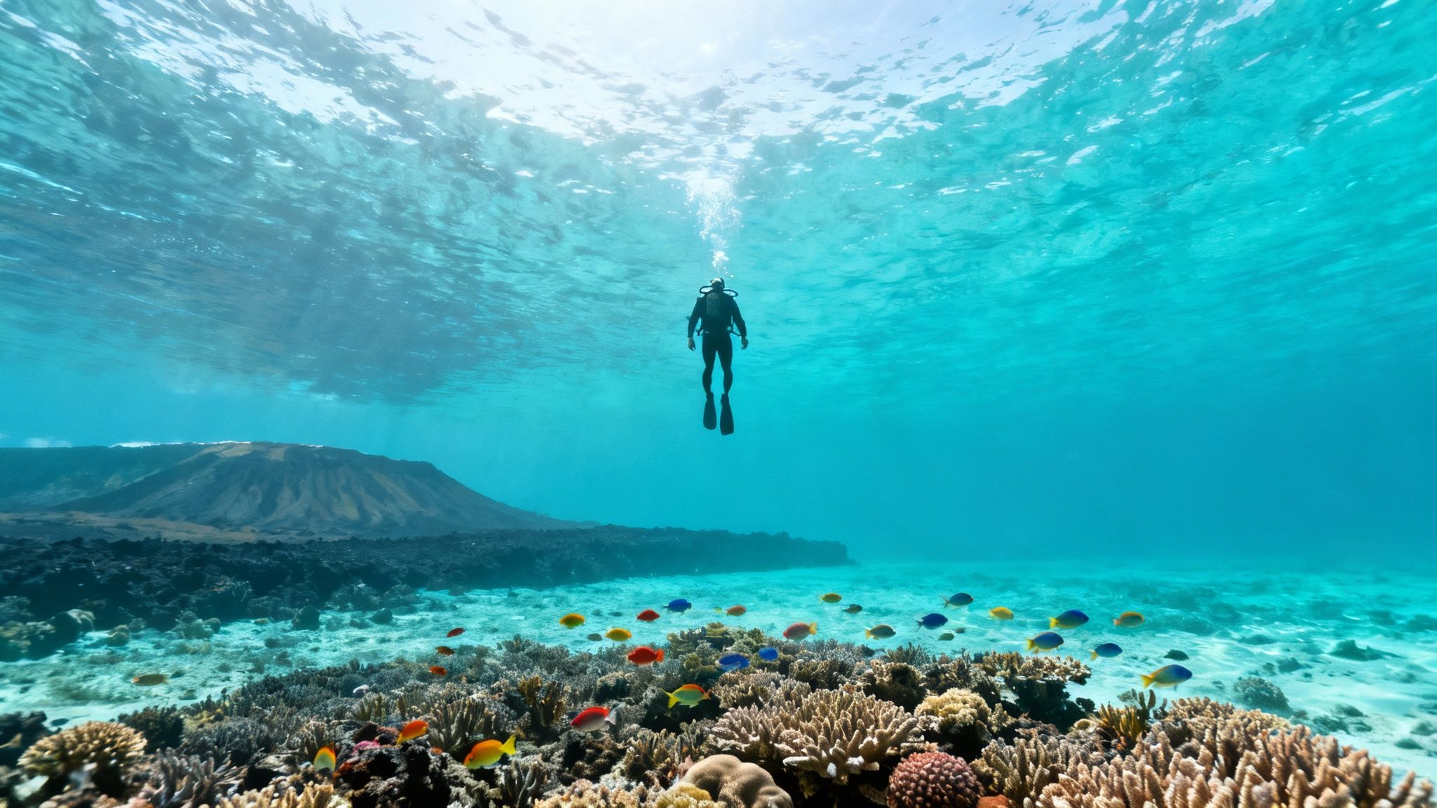 A scuba diver floats above a vibrant coral reef with colorful fish, overlooking an underwater volcanic island.