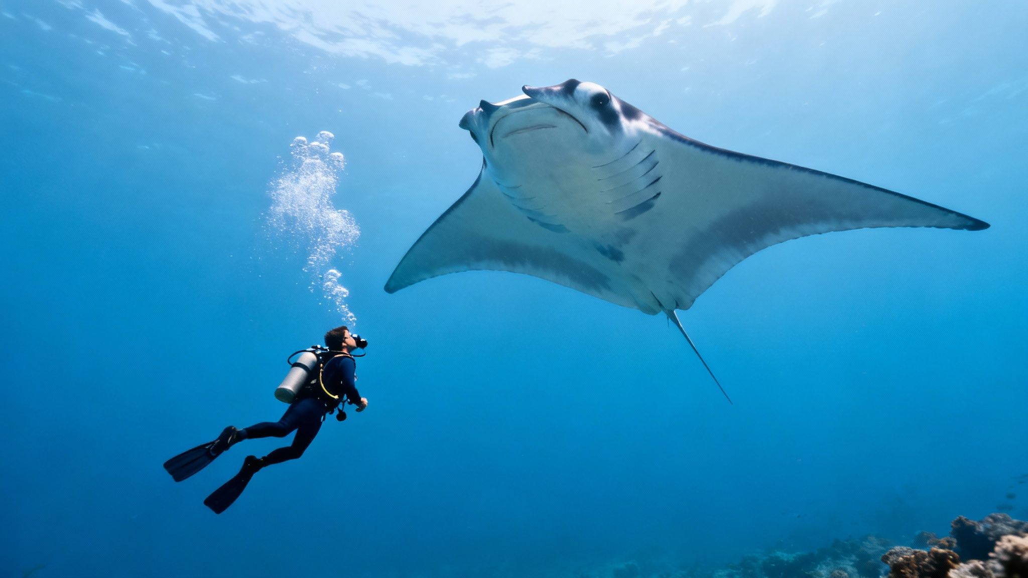 A scuba diver looking up at a giant manta ray swimming overhead at night.