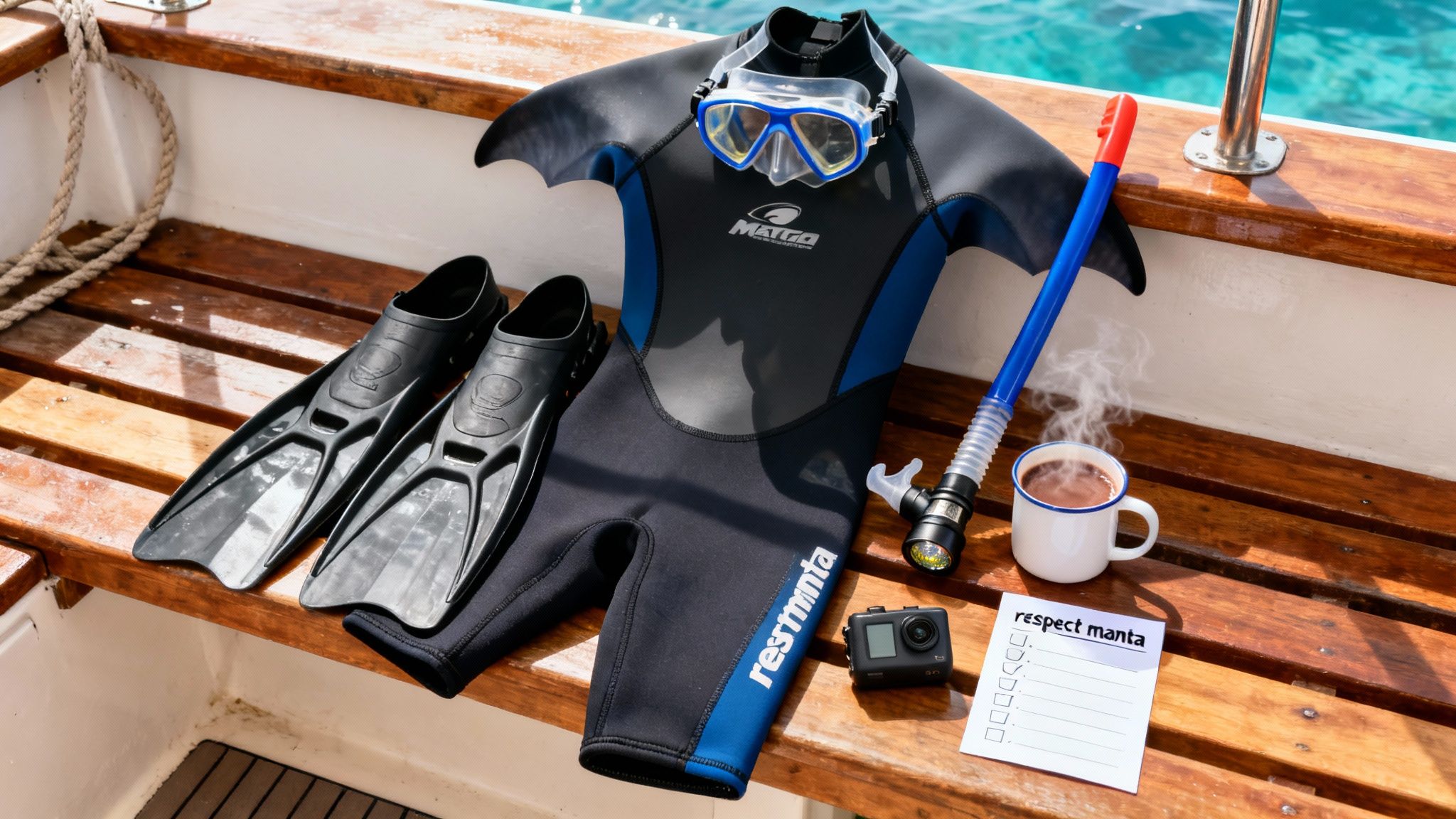 Diving gear and hot chocolate on a wooden boat deck, ready for a manta ray night dive.
