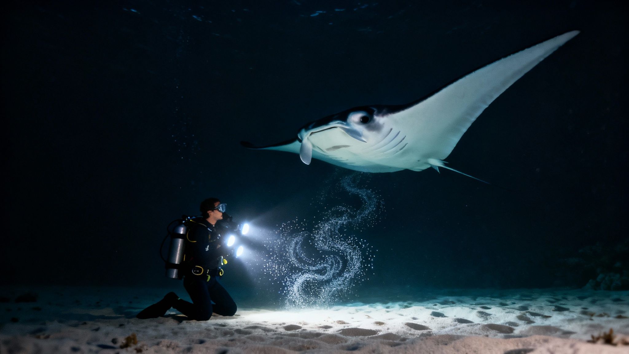 A manta ray gracefully swims over scuba divers at night, illuminated by their lights.