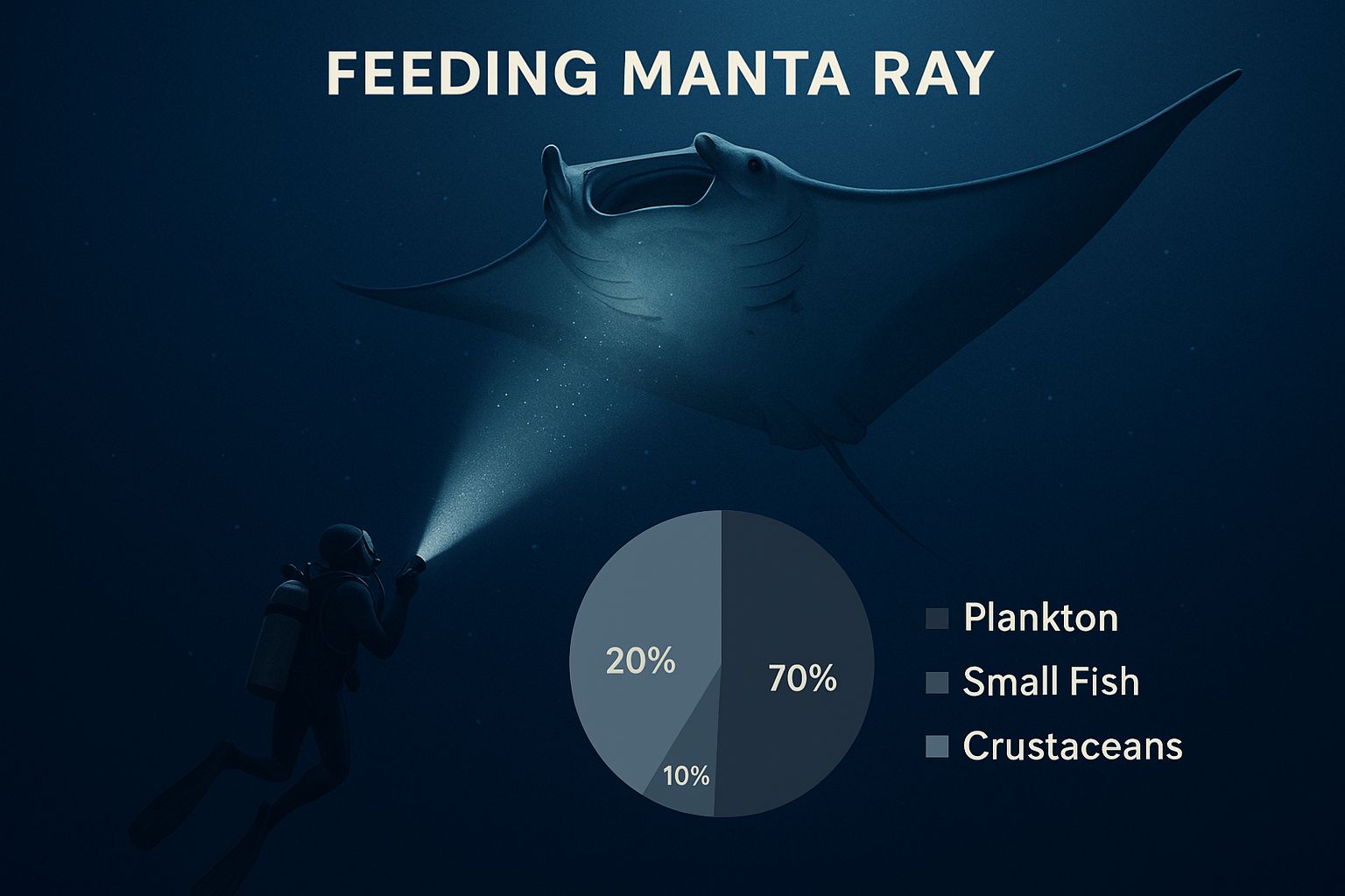 Infographic of a diver shining a light upward toward a feeding manta ray, illustrating how light attracts plankton.