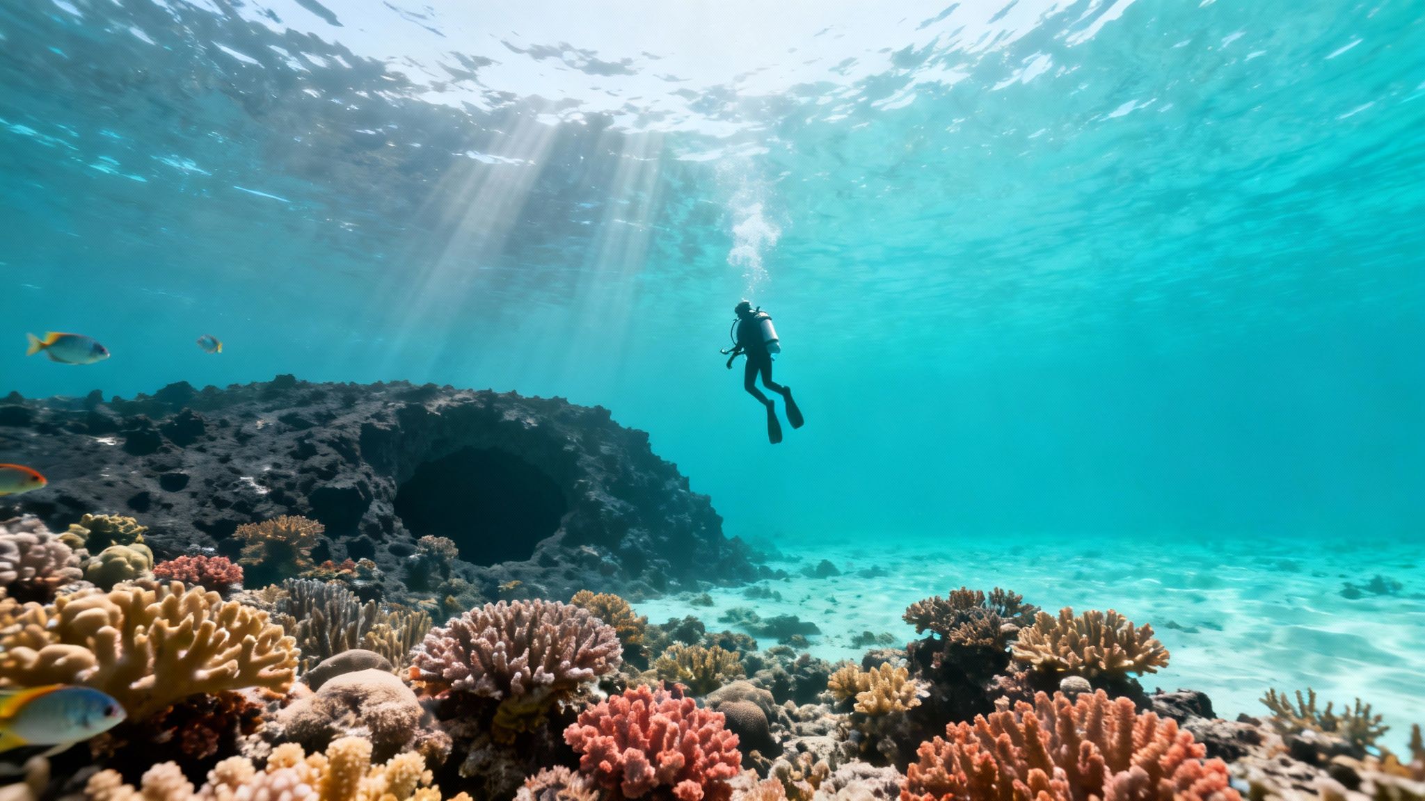 A scuba diver explores a vibrant coral reef with tropical fish in the clear blue waters of the Big Island, Hawaii.