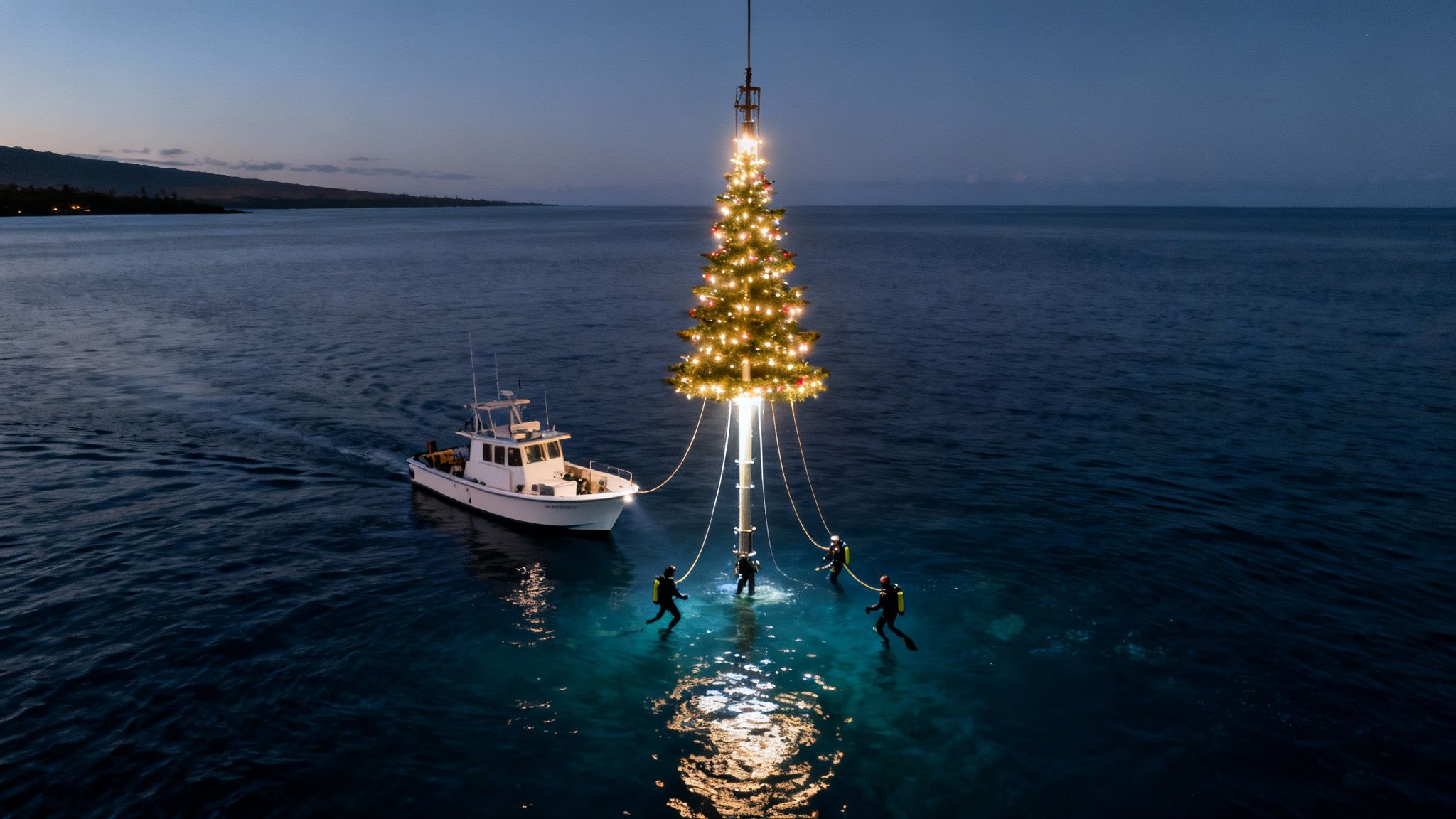 Divers assemble an illuminated underwater Christmas tree structure near a boat at night in the ocean.