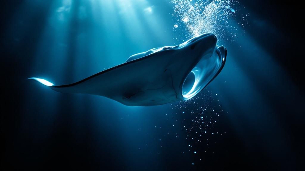 A scuba diver illuminates a manta ray with a dive light during a night dive in Kona.