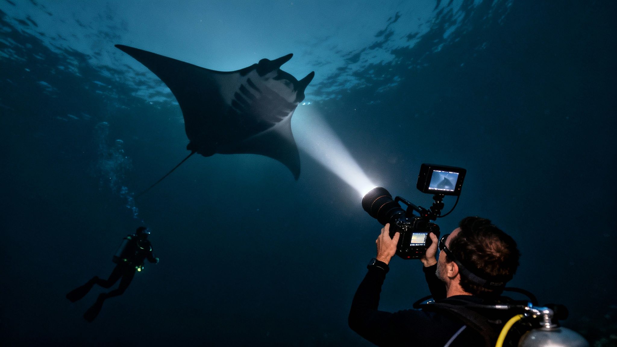 Underwater shot of a diver filming a majestic manta ray at night with a bright light.