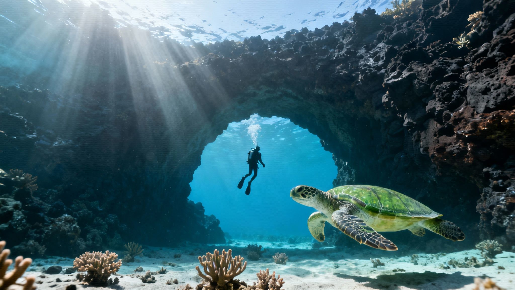 A scuba diver swims through a sunlit underwater cave with a green sea turtle.