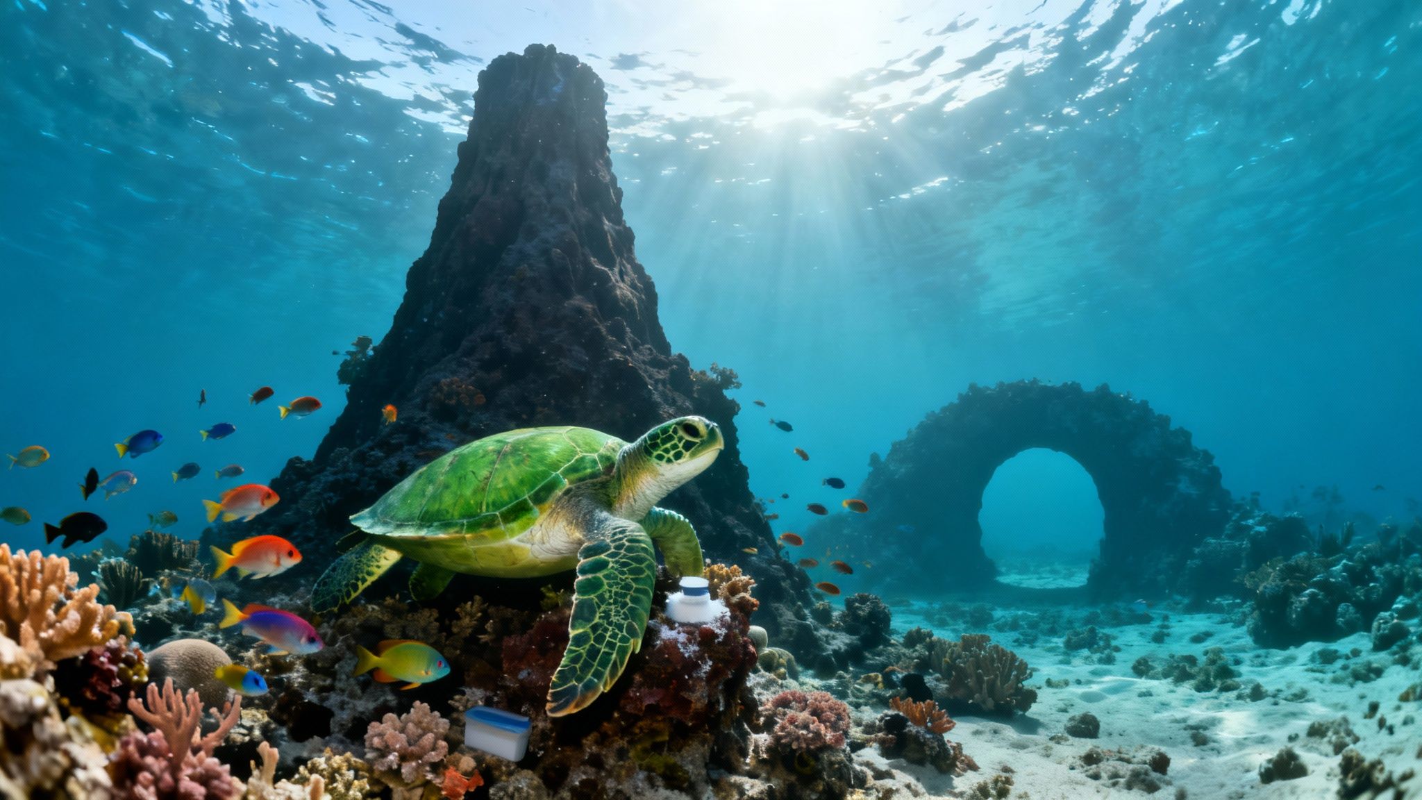 A green sea turtle rests on coral amidst colorful fish, with sunlight filtering through clear ocean water, showing plastic pollution.