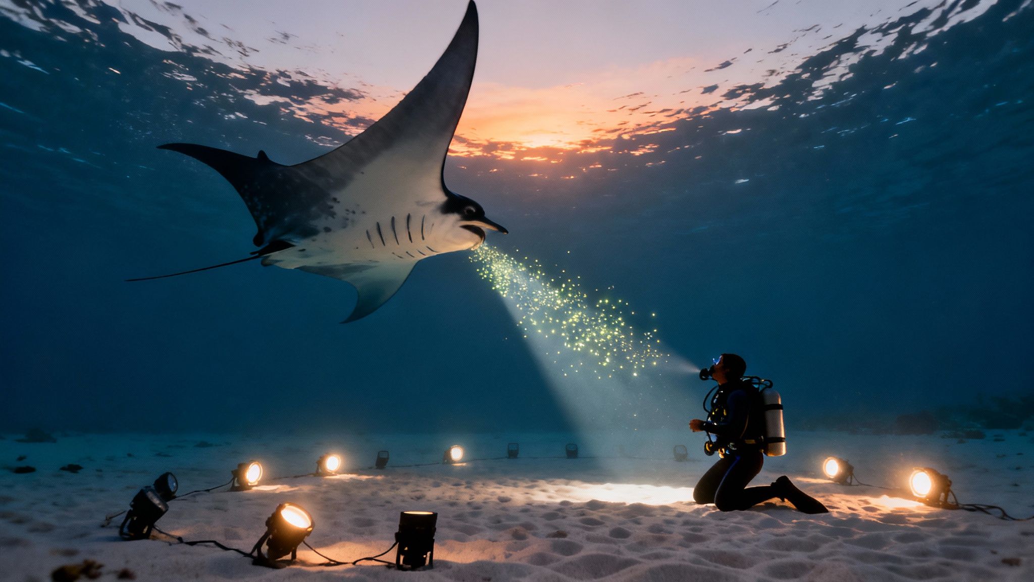 A scuba diver on the seafloor uses a light beam to attract a large manta ray emitting sparkling particles.