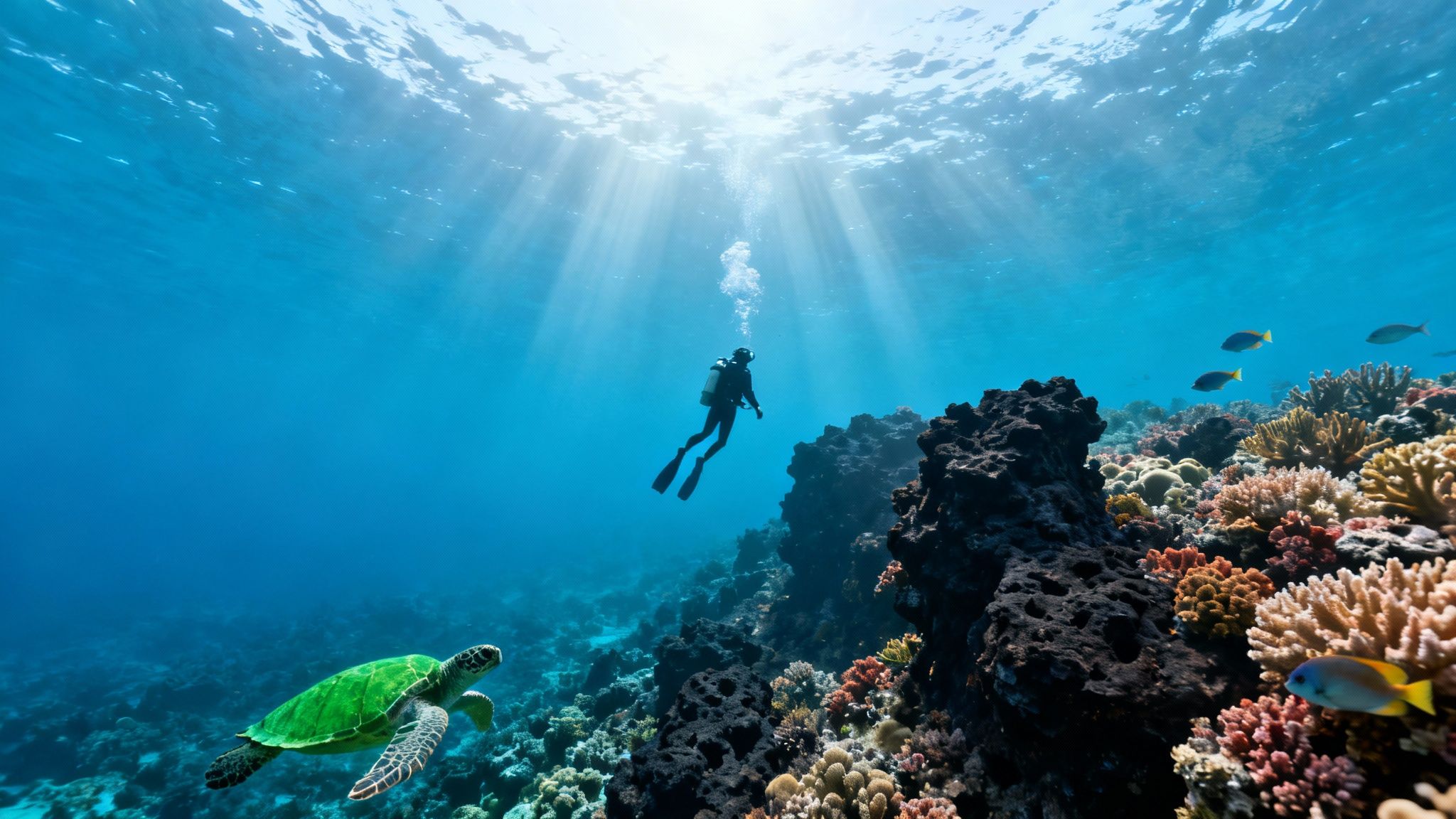 A scuba diver explores a vibrant coral reef alongside a sea turtle, with sun rays filtering through clear blue water.
