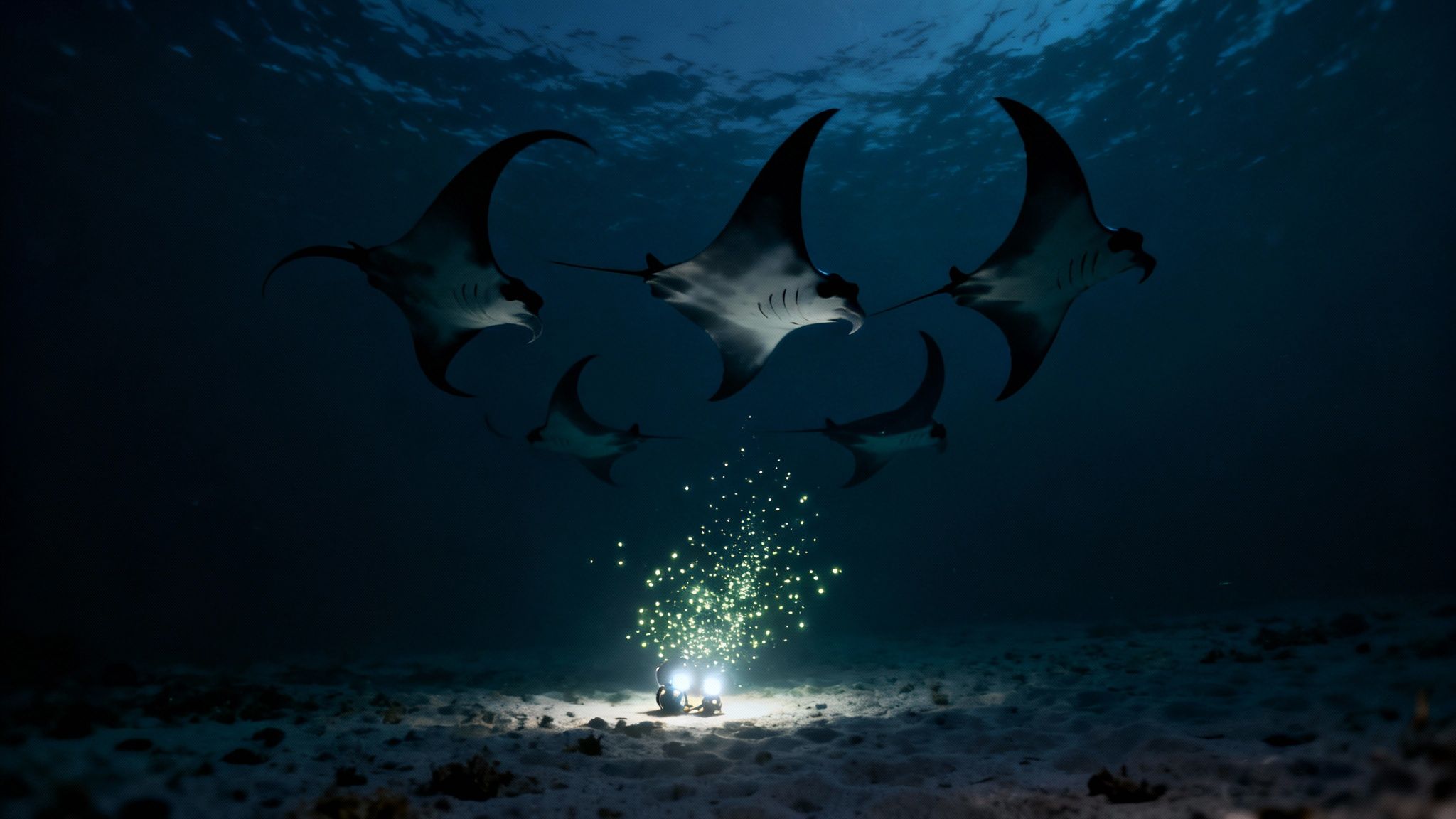 A group of scuba divers on the ocean floor, looking up as a manta ray glides through the beams of their dive lights in the dark water.