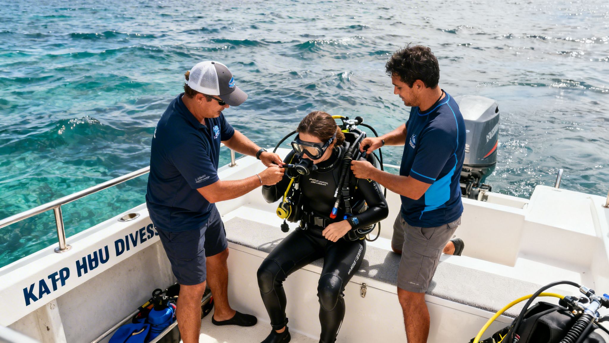Two dive instructors assist a woman in full scuba gear on a boat, preparing for a dive.