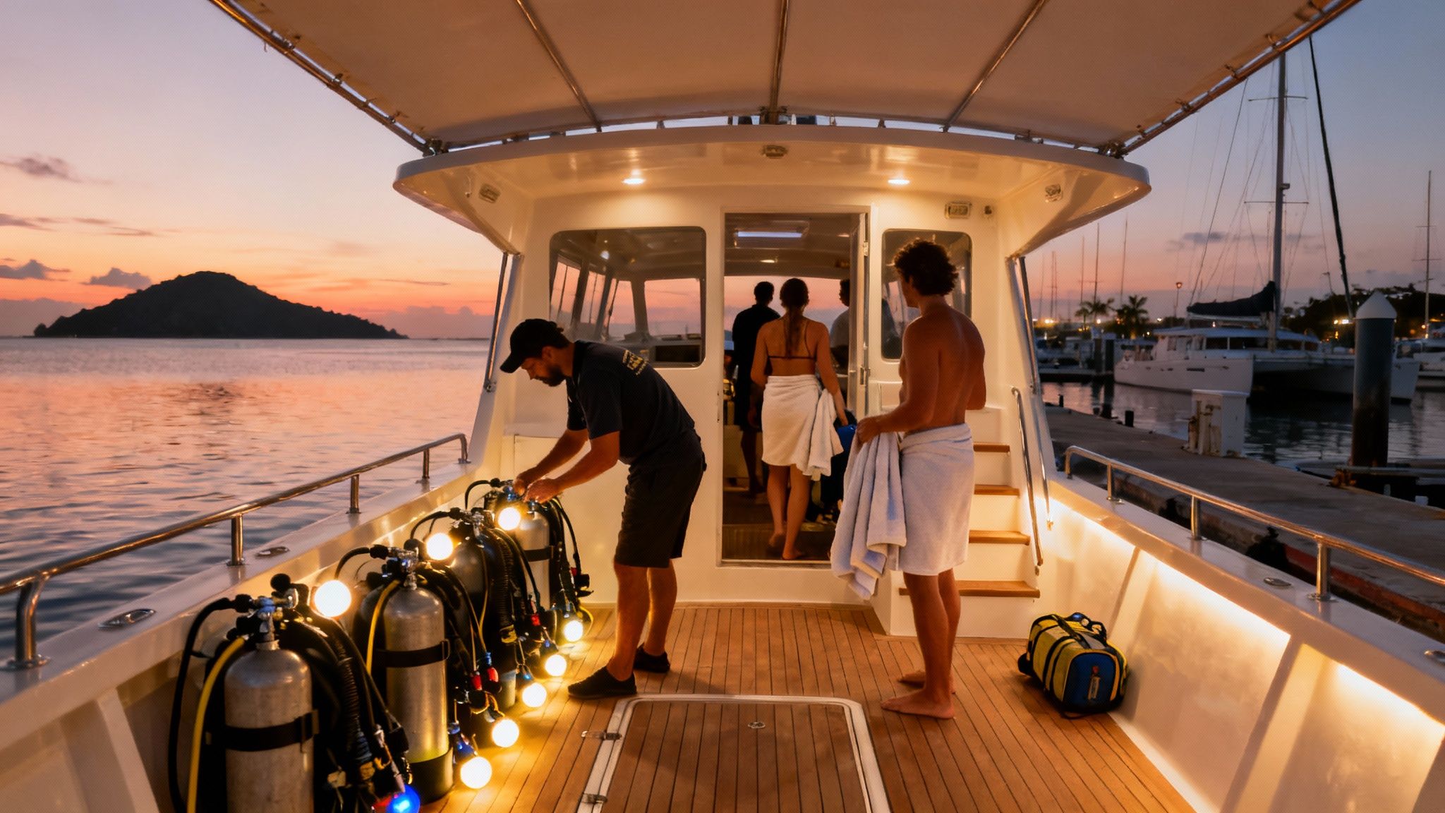 Scuba divers on a boat at sunset, preparing dive tanks with bright lights for a night dive.