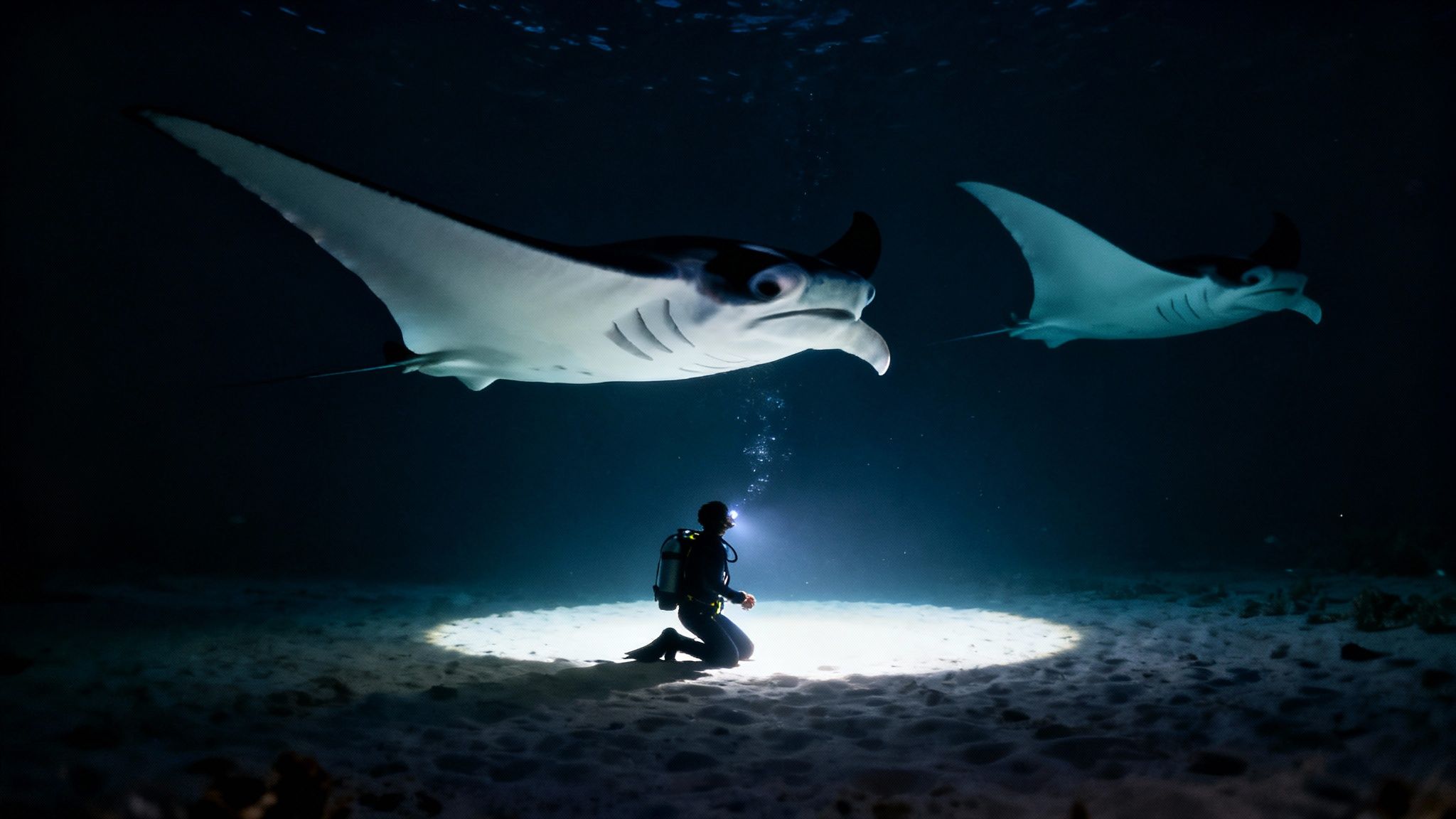 Majestic manta ray gracefully gliding over scuba divers during a night dive in Kona, Hawaii.