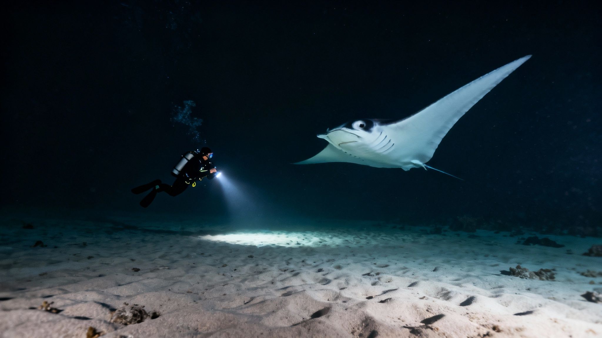 A majestic manta ray glides through dark ocean waters, illuminated by dive lights.