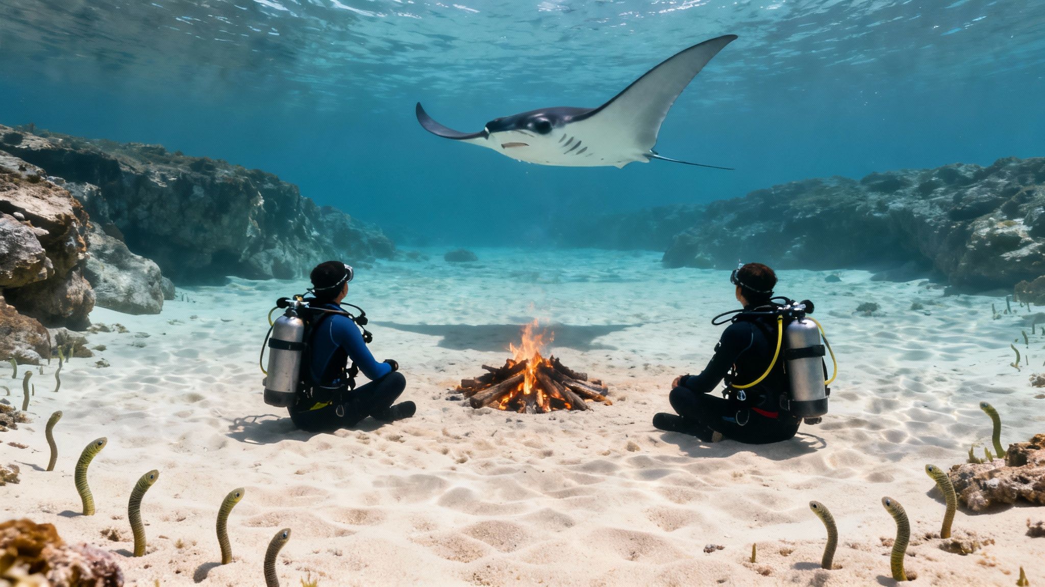 Two divers sit around a surreal underwater campfire as a manta ray swims overhead.