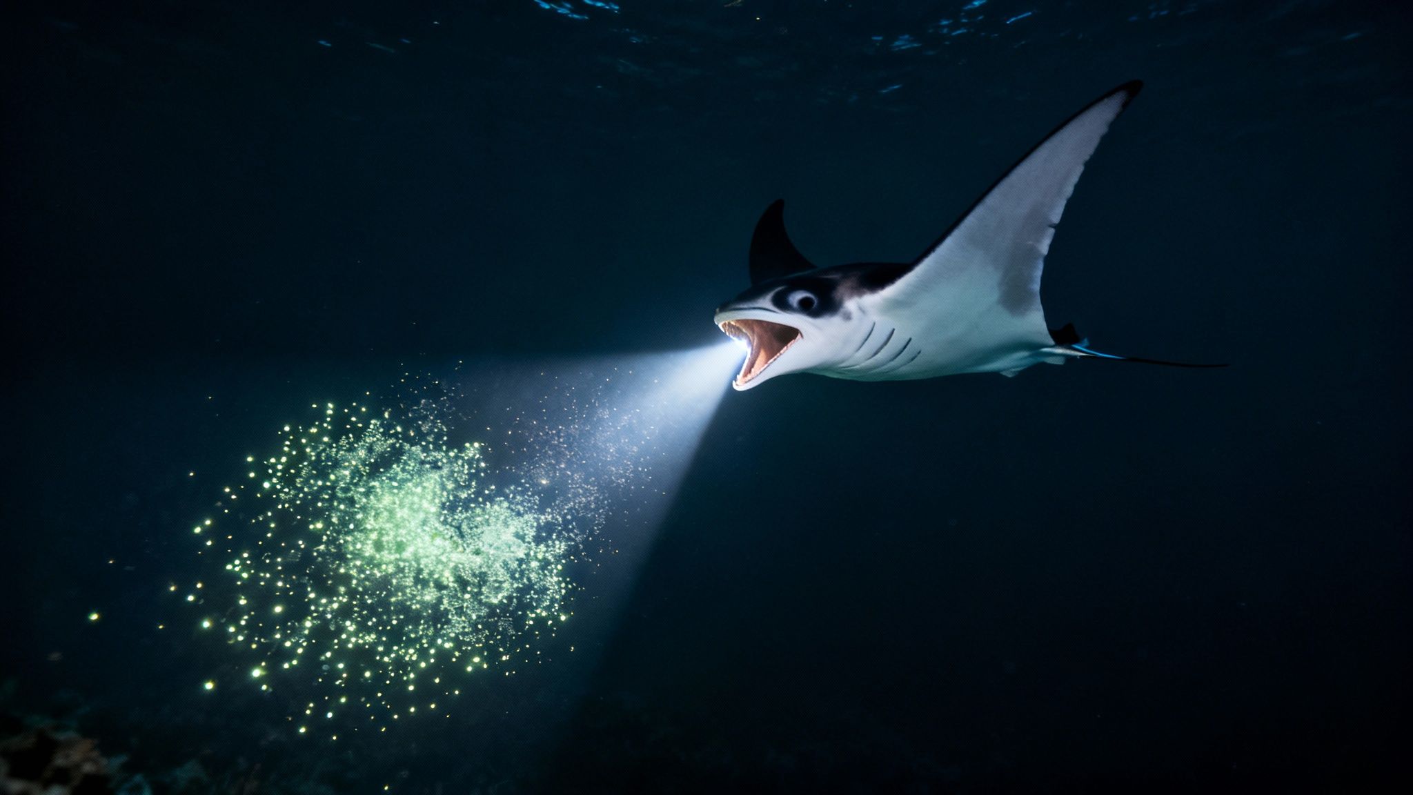 A giant manta ray swims gracefully over a group of scuba divers at night.