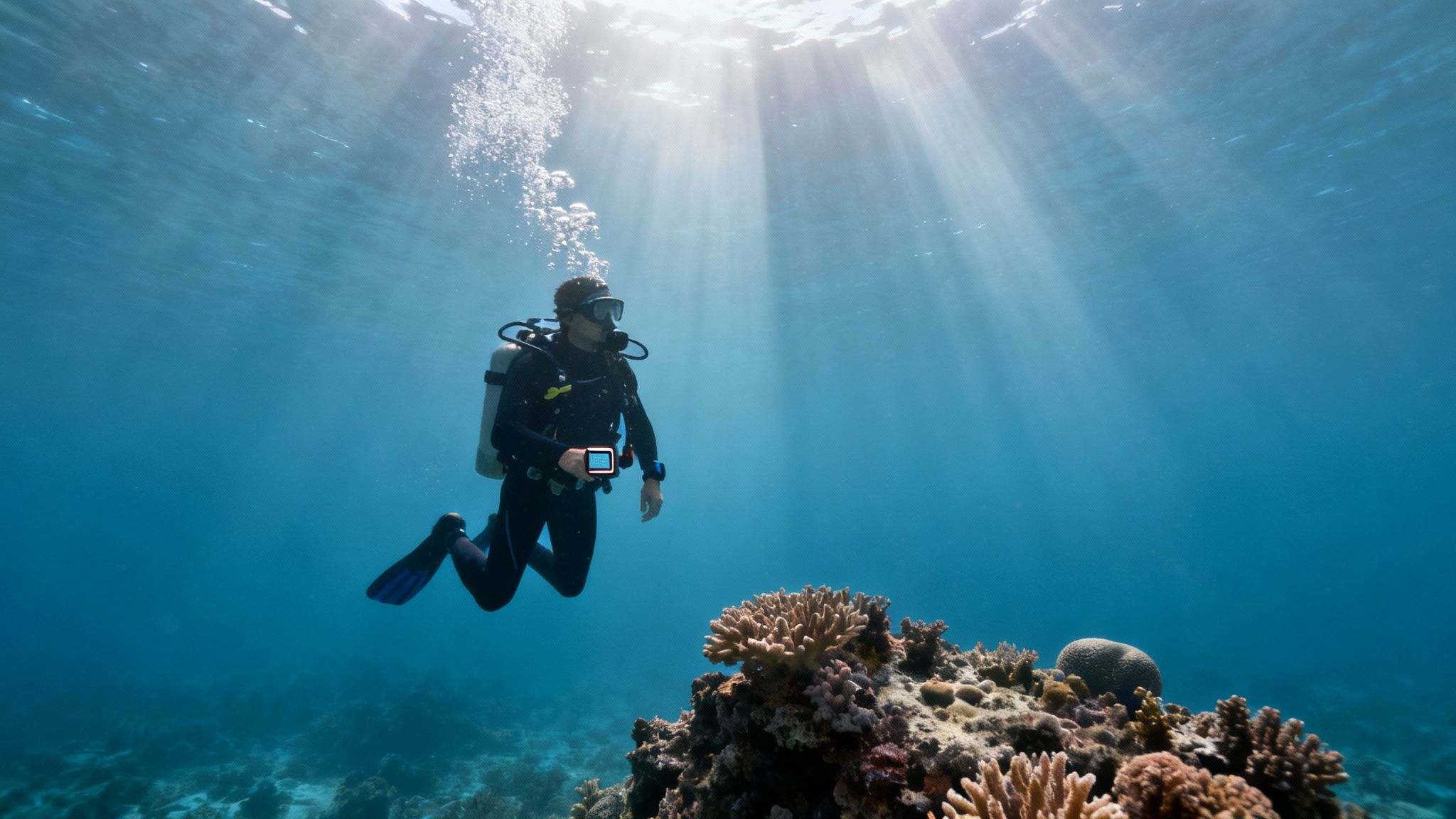 A scuba diver exhales bubbles under sun rays near a vibrant coral reef.
