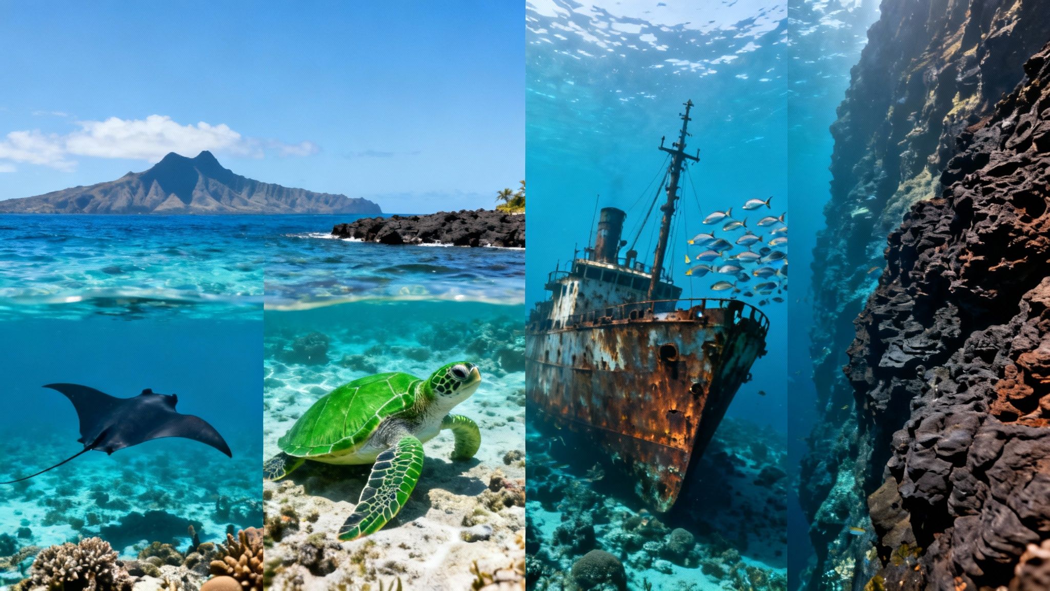 A collage of diverse ocean scenes featuring a tropical island, a manta ray, a sea turtle, and a shipwreck.