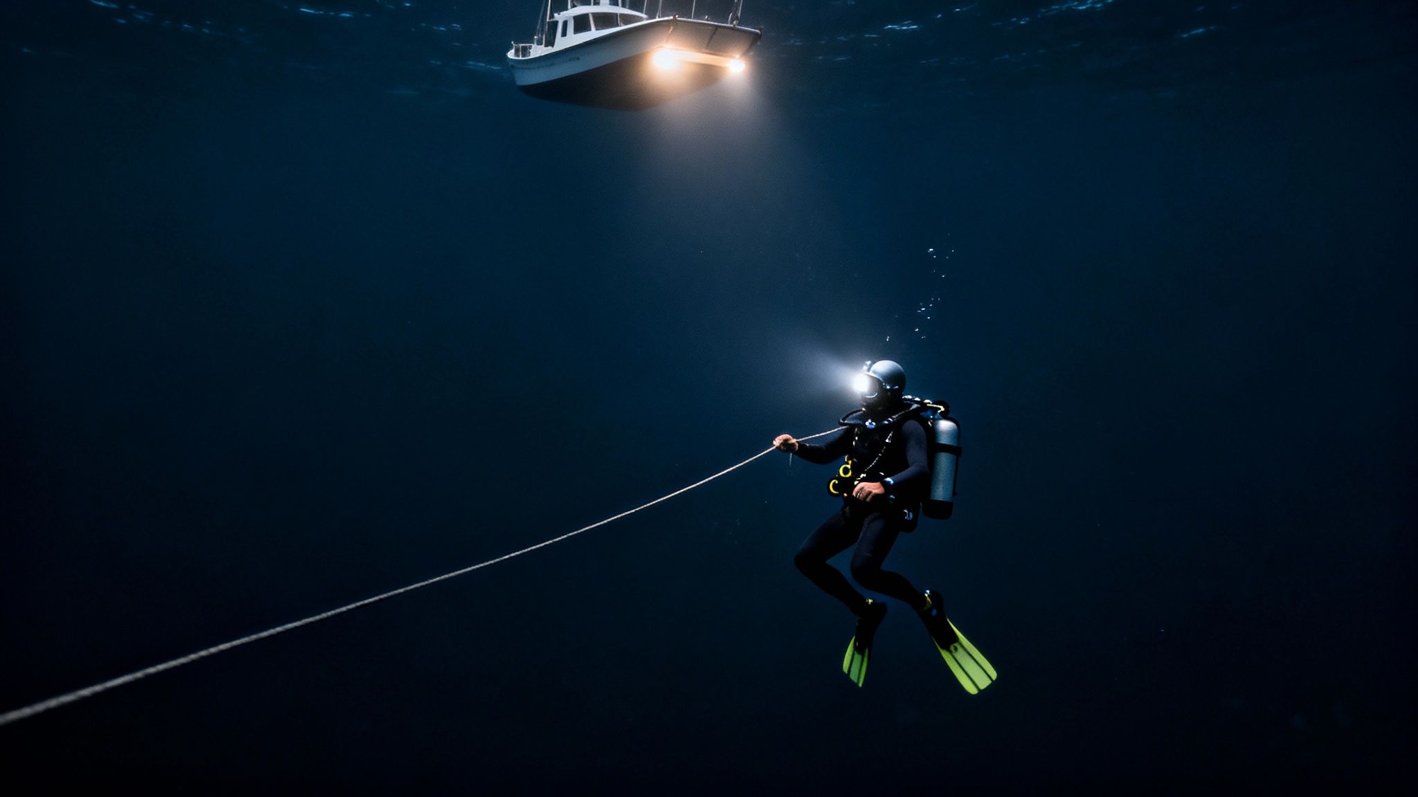 A scuba diver with a bright headlamp holds a white rope in dark deep water, illuminated by a boat above.