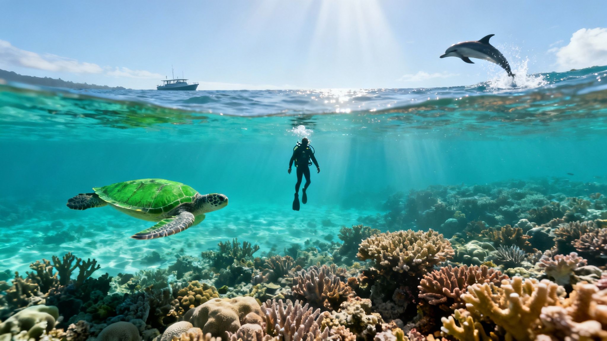 Split view of a vibrant coral reef with a diver, turtle, boat, and jumping dolphin.