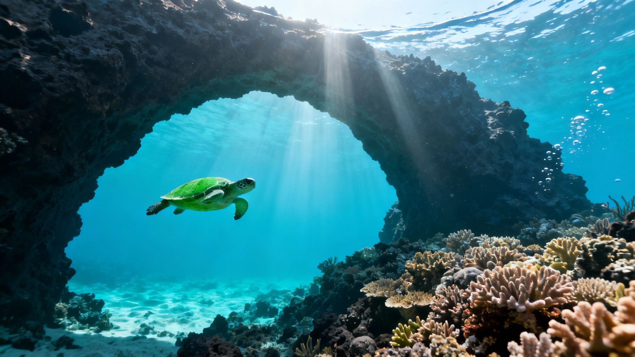 Scuba divers exploring a vibrant coral reef on the big island of hawaii.