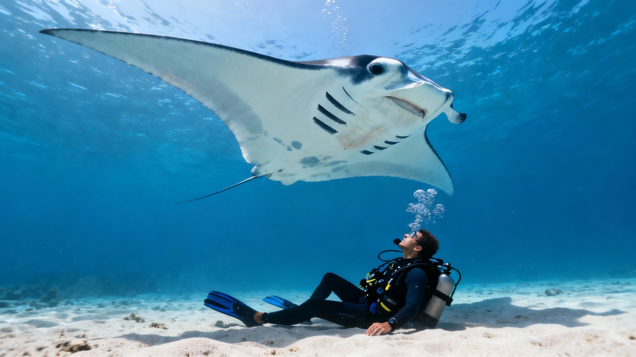 A scuba diver on the ocean floor looks up as a giant manta ray glides just a few feet overhead, illuminated by dive lights.