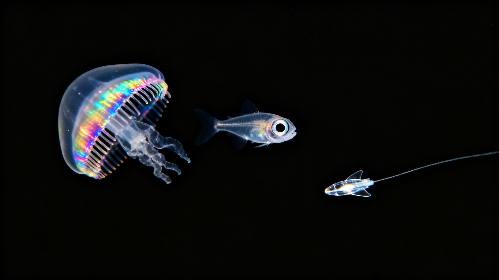 An iridescent jellyfish, transparent fish, and luminous planktonic creature float in the dark ocean depths.