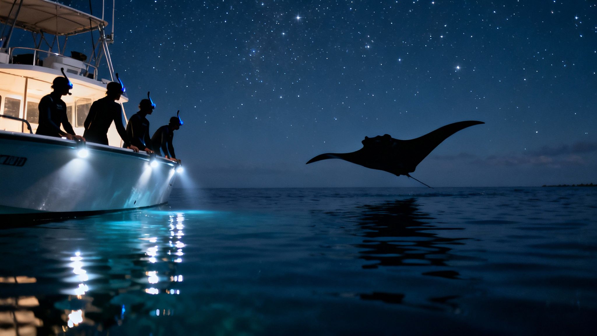 People on a boat with lights watch a majestic manta ray under a starry night sky.