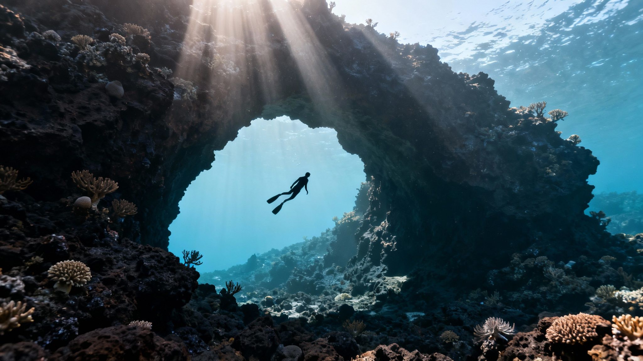 A diver in a wetsuit explores an underwater cave arch with sun rays piercing through blue water and coral.
