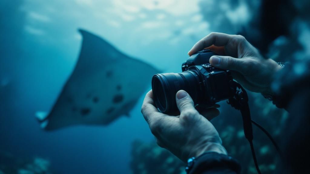 A giant manta ray glides gracefully through dark water, its white underside illuminated by dive lights.