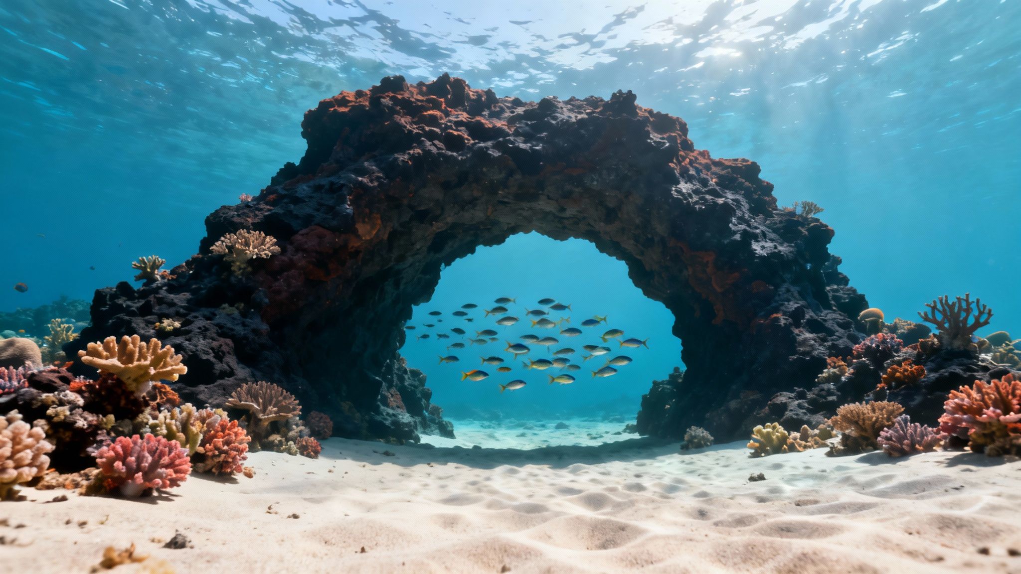 A vibrant underwater scene on the Big Island of Hawaii, showing a sea turtle swimming over a colorful coral reef.