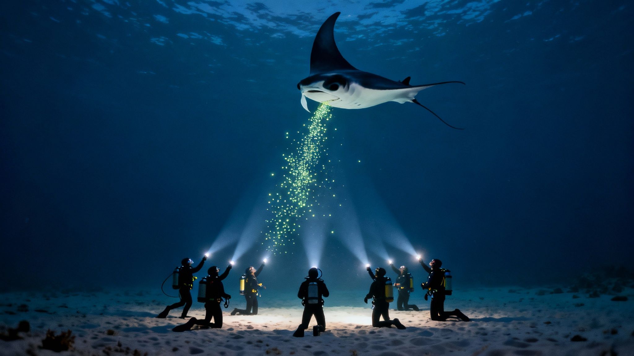 Divers' lights illuminate a giant manta ray during a night dive in Kailua Kona.