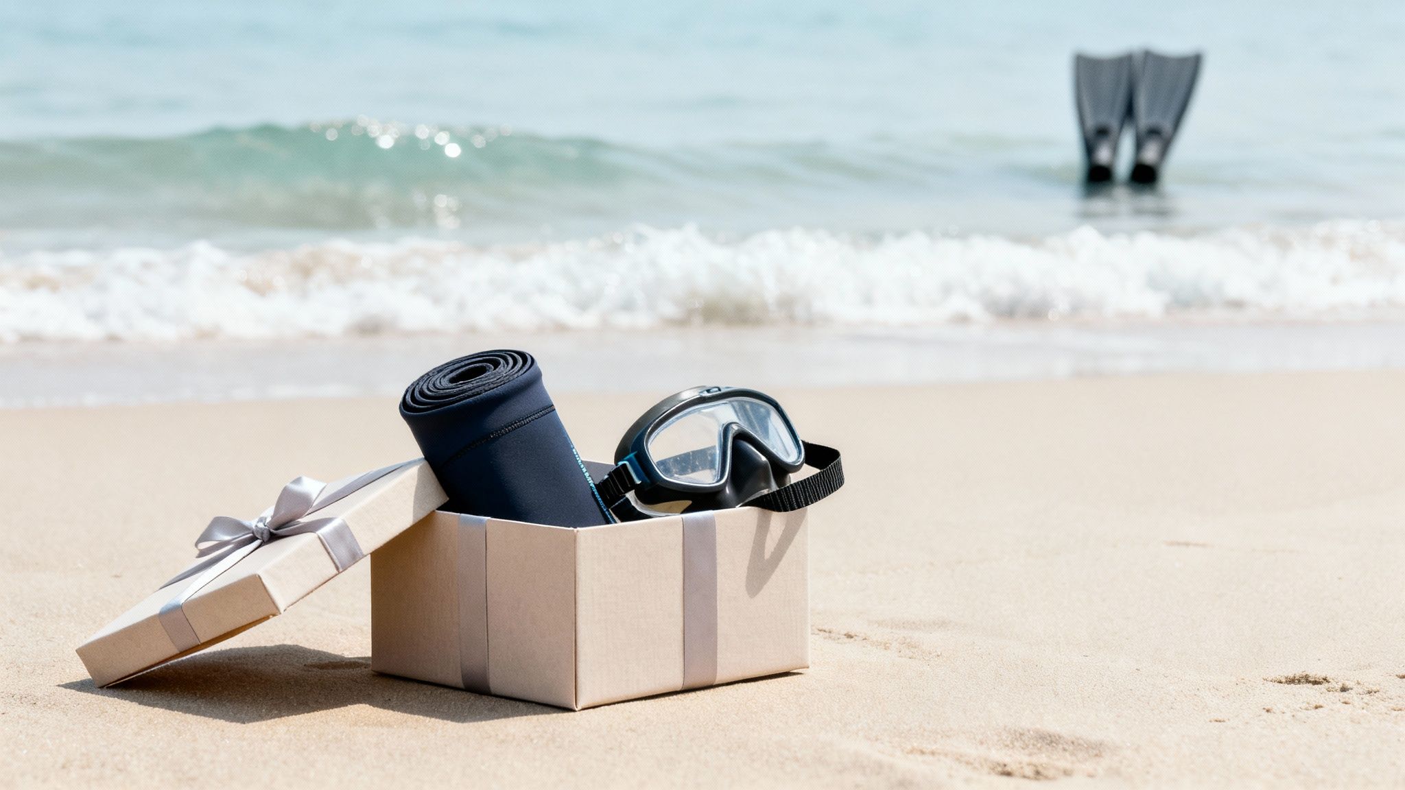 A beige gift box on a sandy beach containing a diving mask and wetsuit, with fins in the ocean.