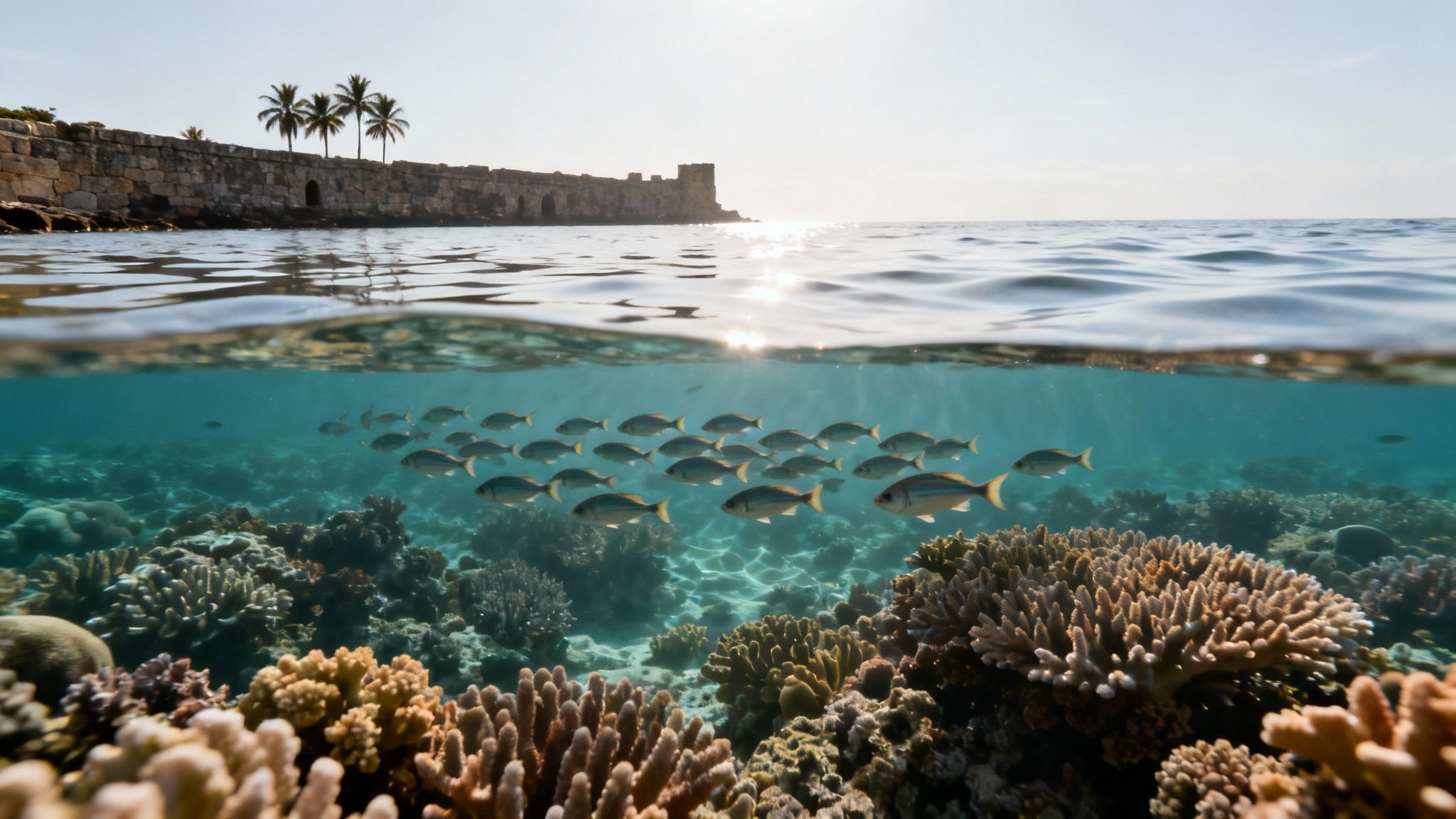 Split shot of a vibrant coral reef with fish below and an ancient stone wall with palm trees above.