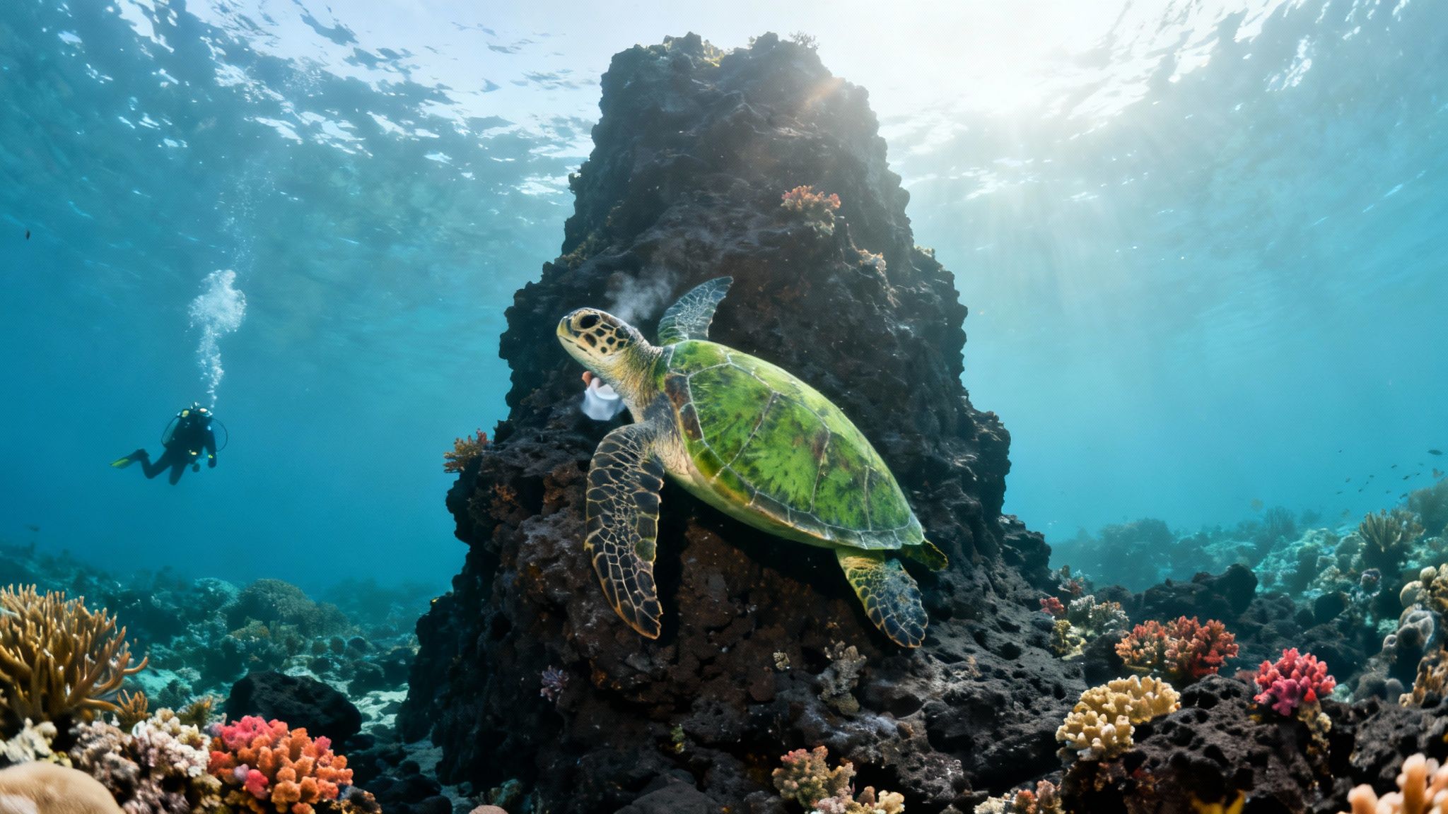 A green sea turtle with plastic near its mouth, a diver, and vibrant coral reef.