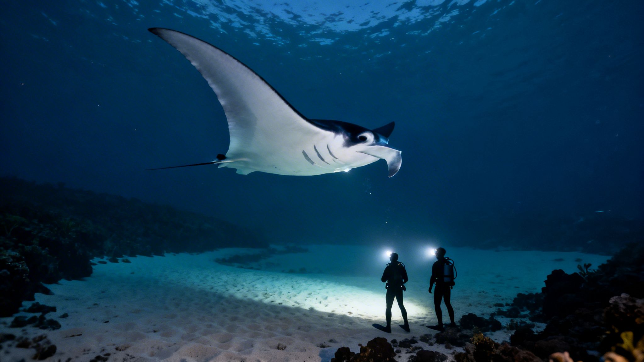 Two divers illuminated by headlamps watch a giant manta ray gracefully swim overhead in dark ocean waters.