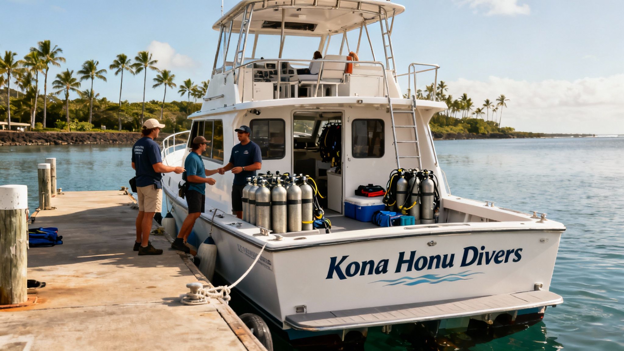 Three men on a dock and a white boat, Kona Honu Divers, with many scuba tanks, under a sunny sky.