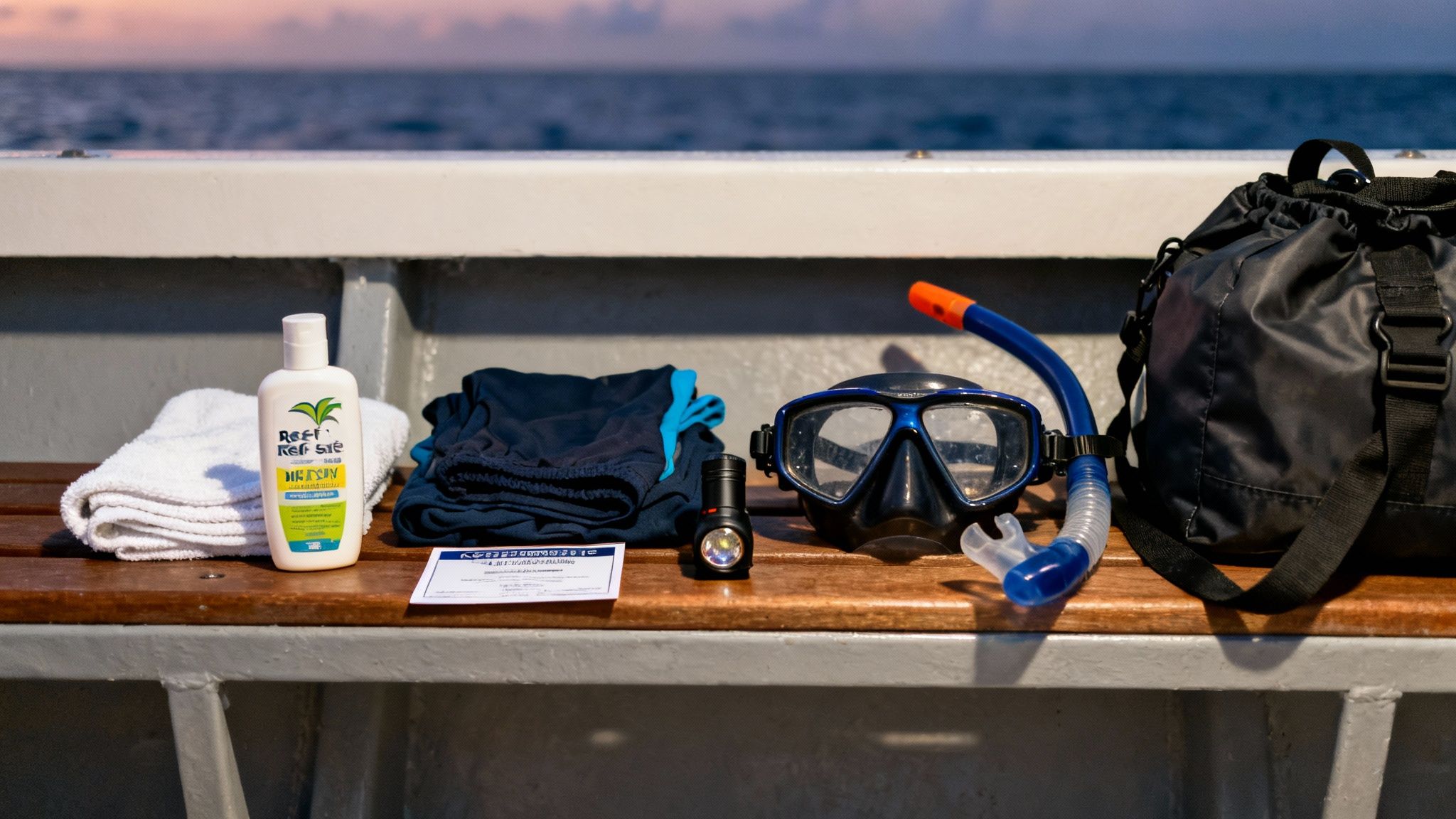 Snorkeling gear, reef-safe sunscreen, towel, and bag neatly arranged on a boat bench near the ocean.