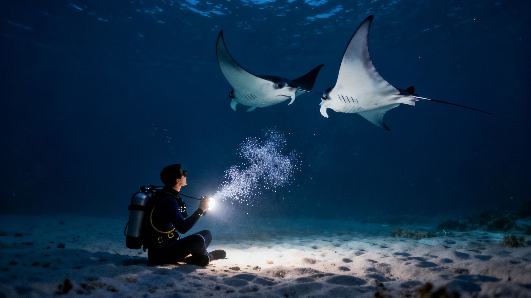 Majestic manta rays swimming gracefully at night, illuminated by dive lights.