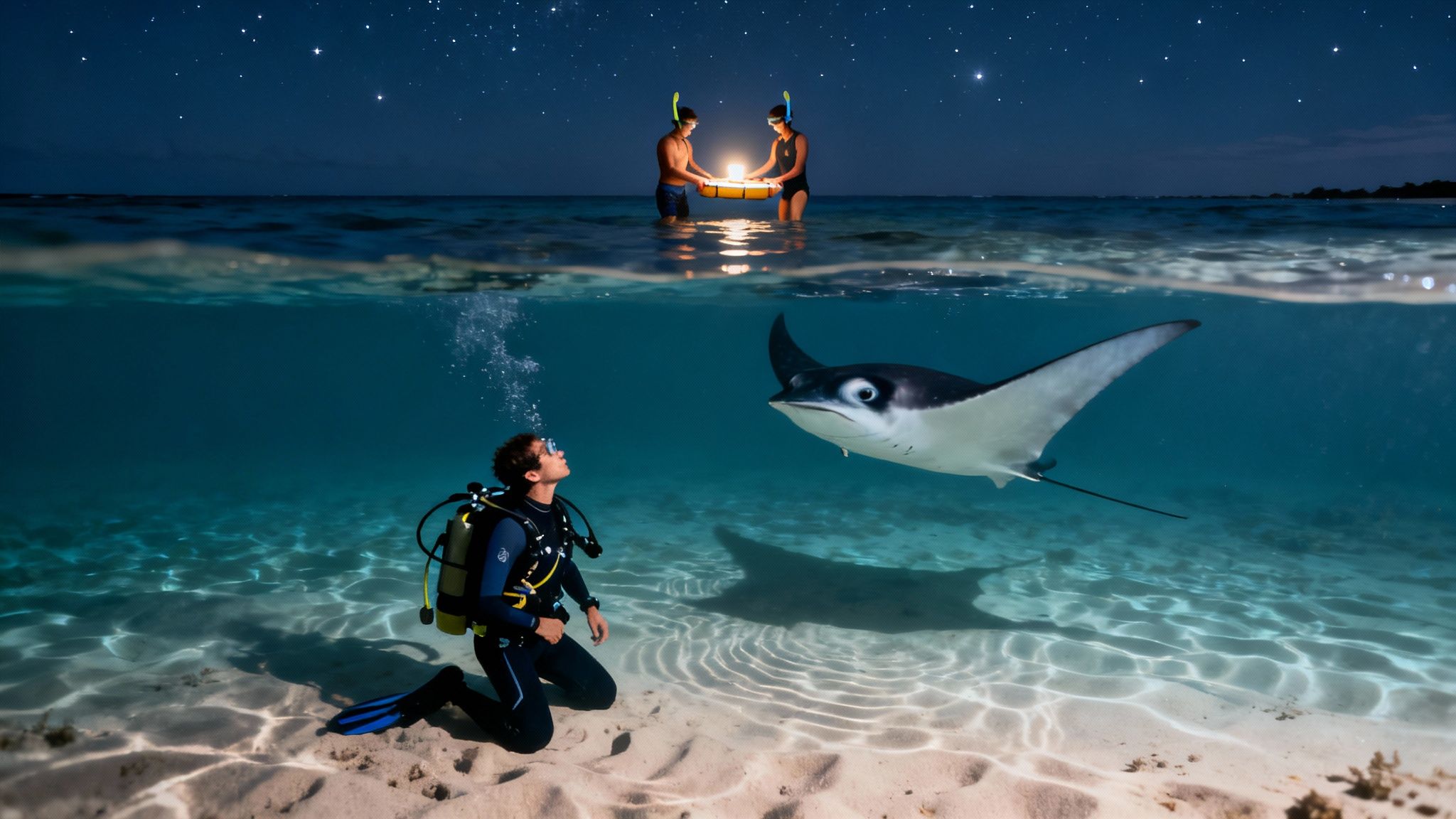 A snorkeler watches a manta ray from the surface during a night encounter in Kona.