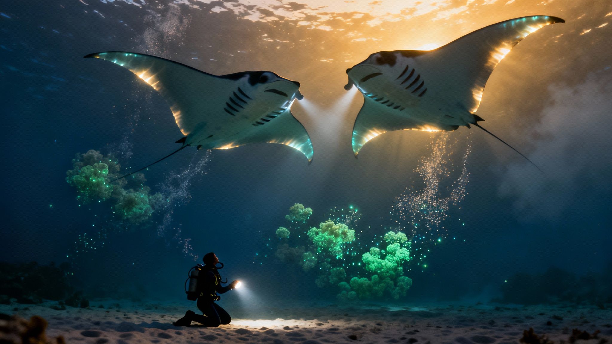 Two giant manta rays glow underwater, facing each other above a diver illuminating glowing coral.