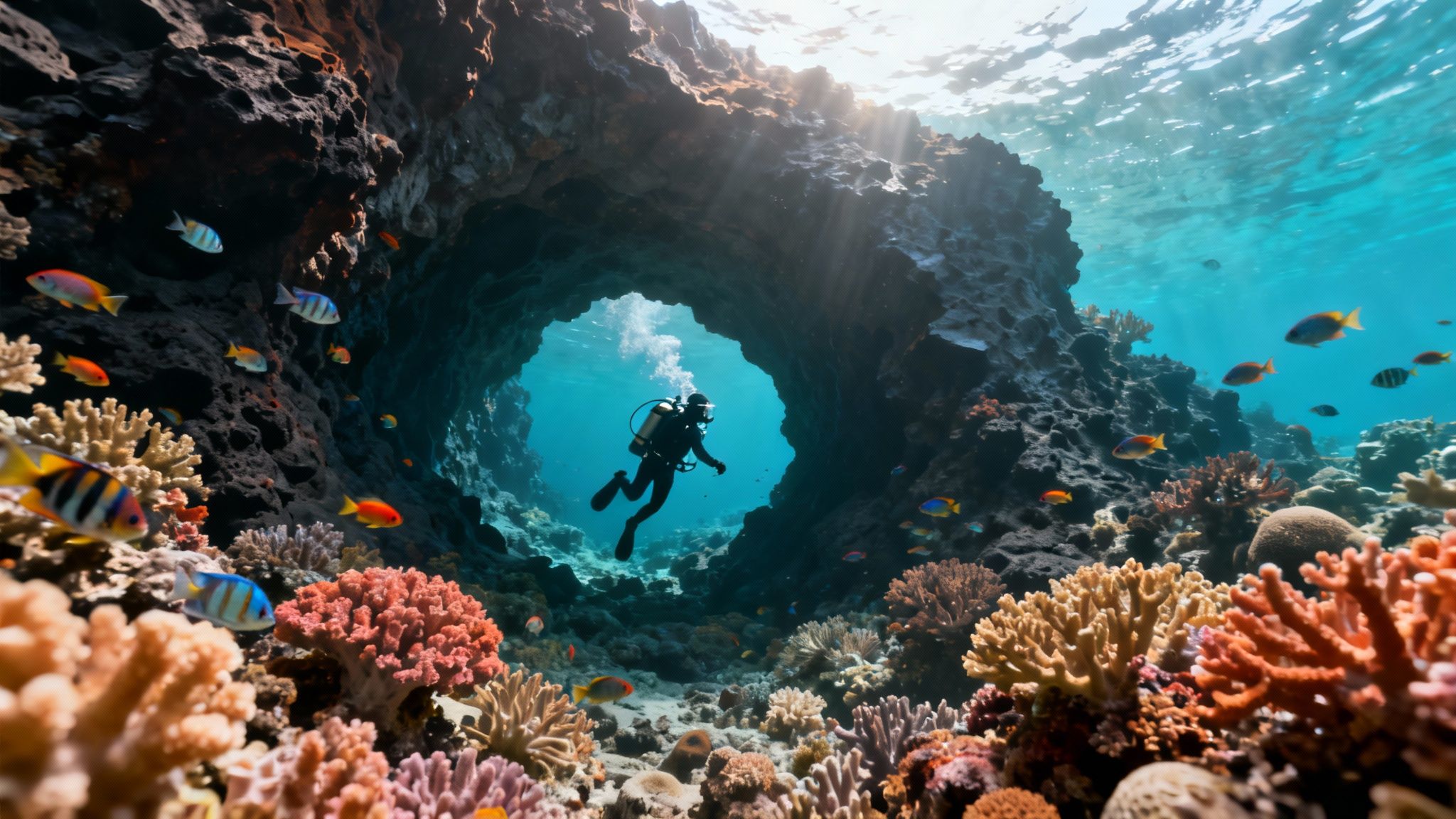 A scuba diver swims over a vibrant coral reef in clear blue water, representing the beauty of Kona diving.