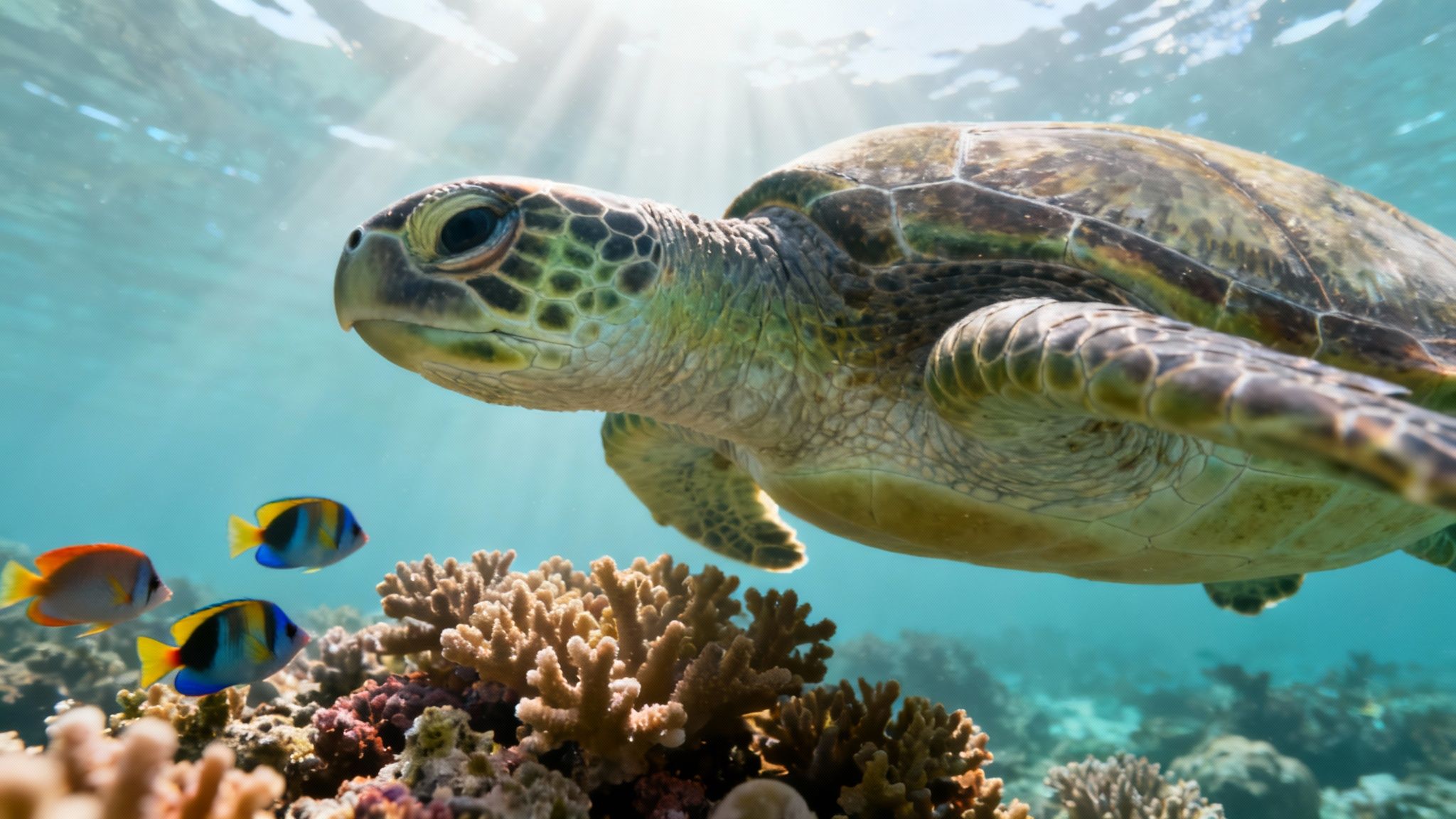 A close-up of a Hawaiian green sea turtle (honu) swimming gracefully over a coral reef.