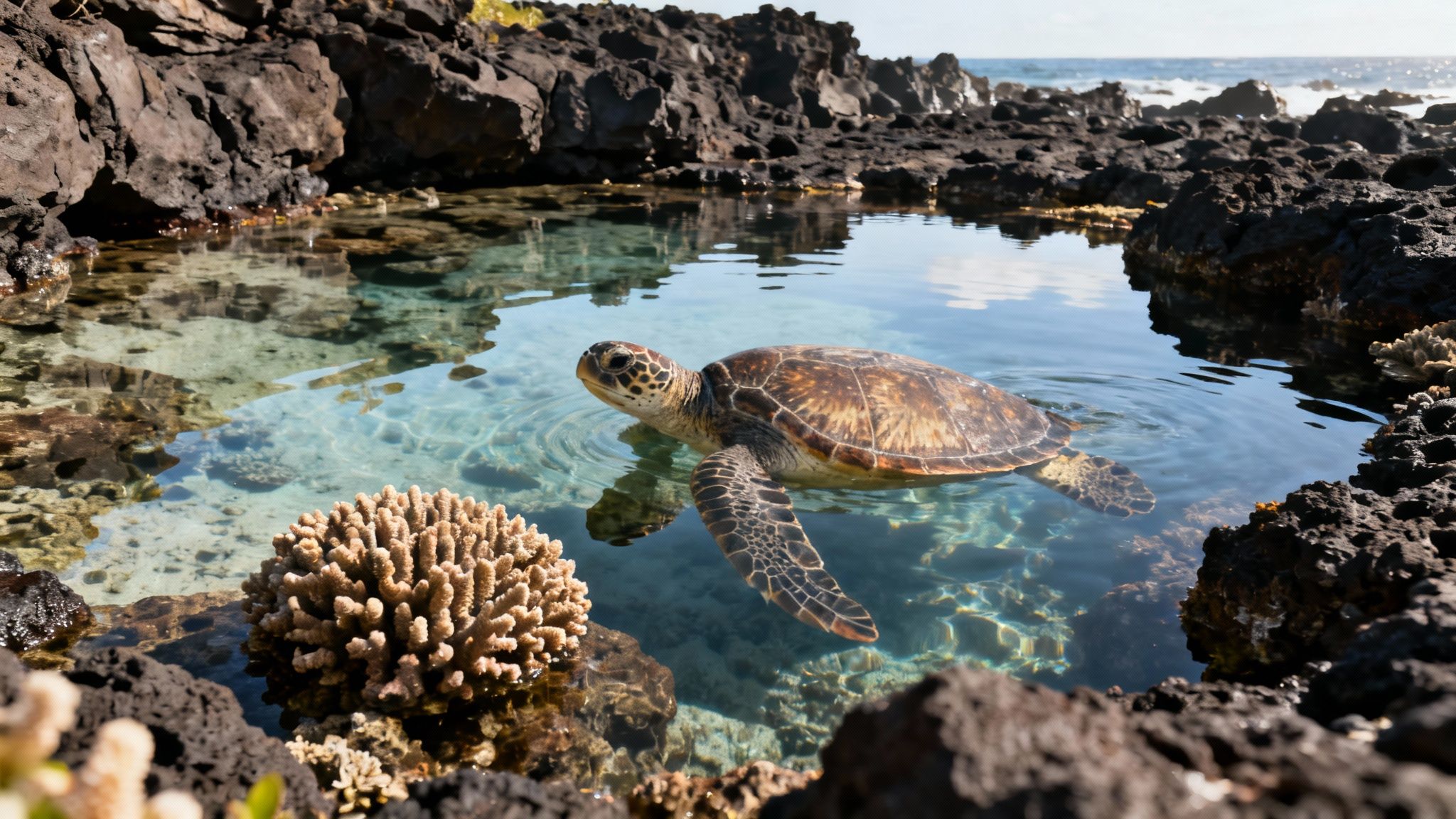 Green sea turtle swimming in a clear natural tide pool surrounded by dark lava rock and coral.