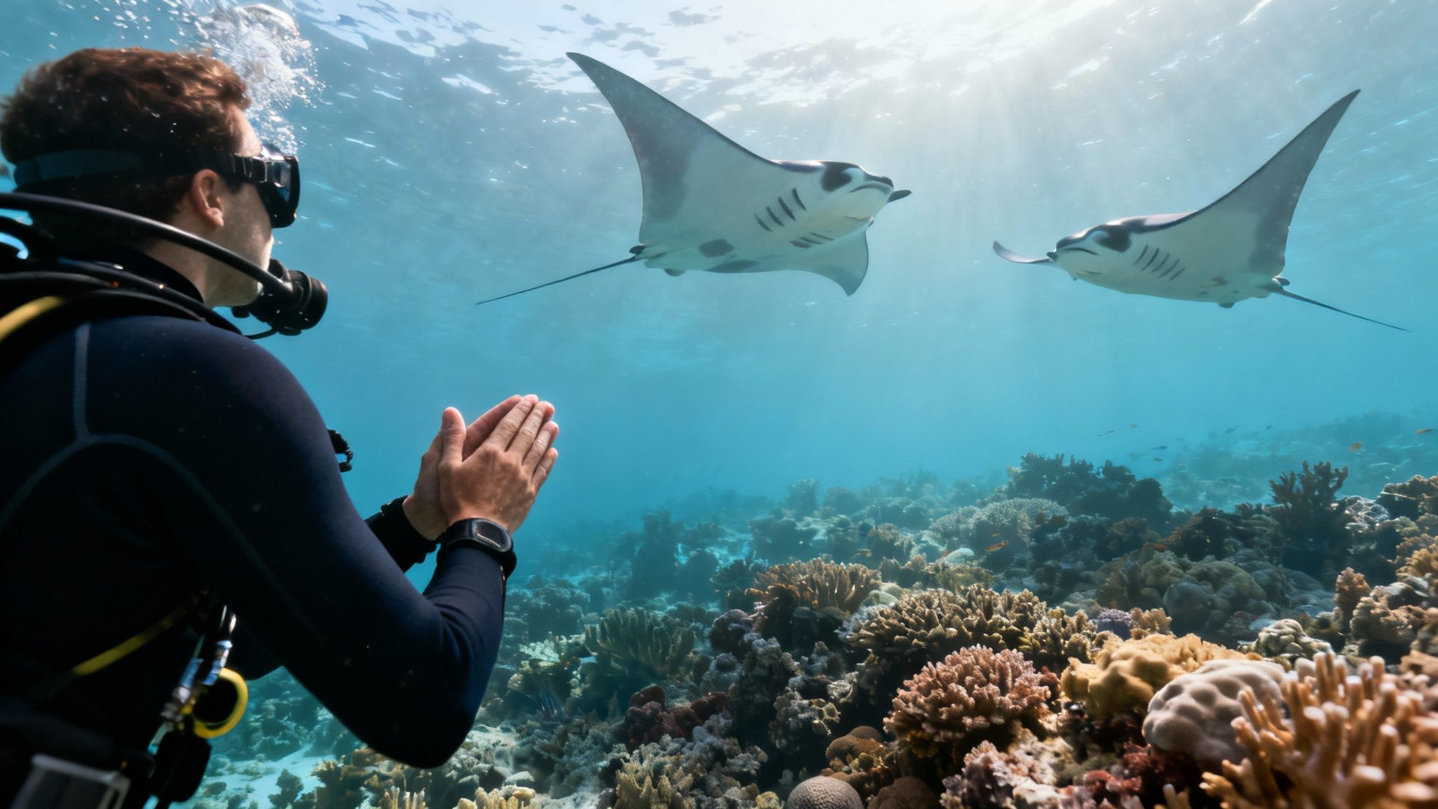 A diver observes two majestic manta rays swimming above a vibrant coral reef in clear blue water.