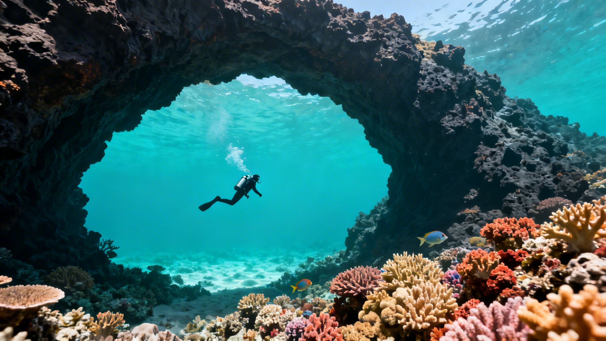 A scuba diver explores a vibrant coral reef near a natural rock arch underwater.