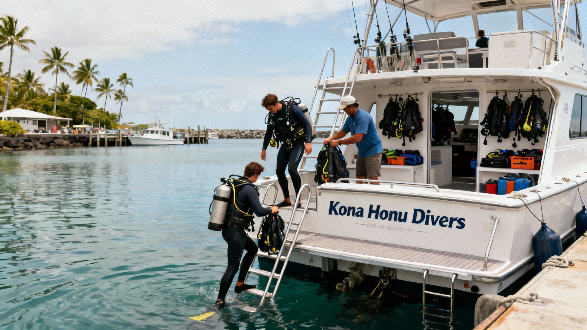 Scuba divers preparing for a dive from a boat named Kona Honu Divers in a tropical marina.